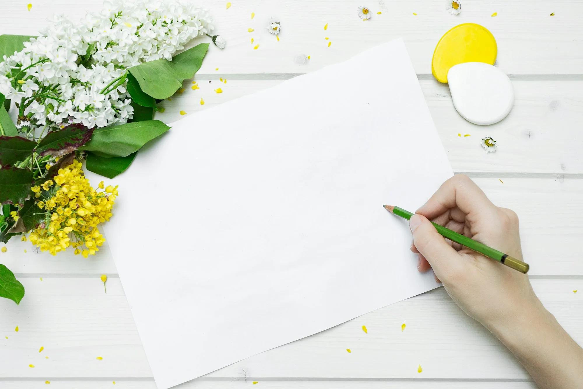 Una mano sostiene un lápiz verde sobre una hoja de papel en blanco, junto a lilas blancas y flores amarillas en una mesa de madera blanca.