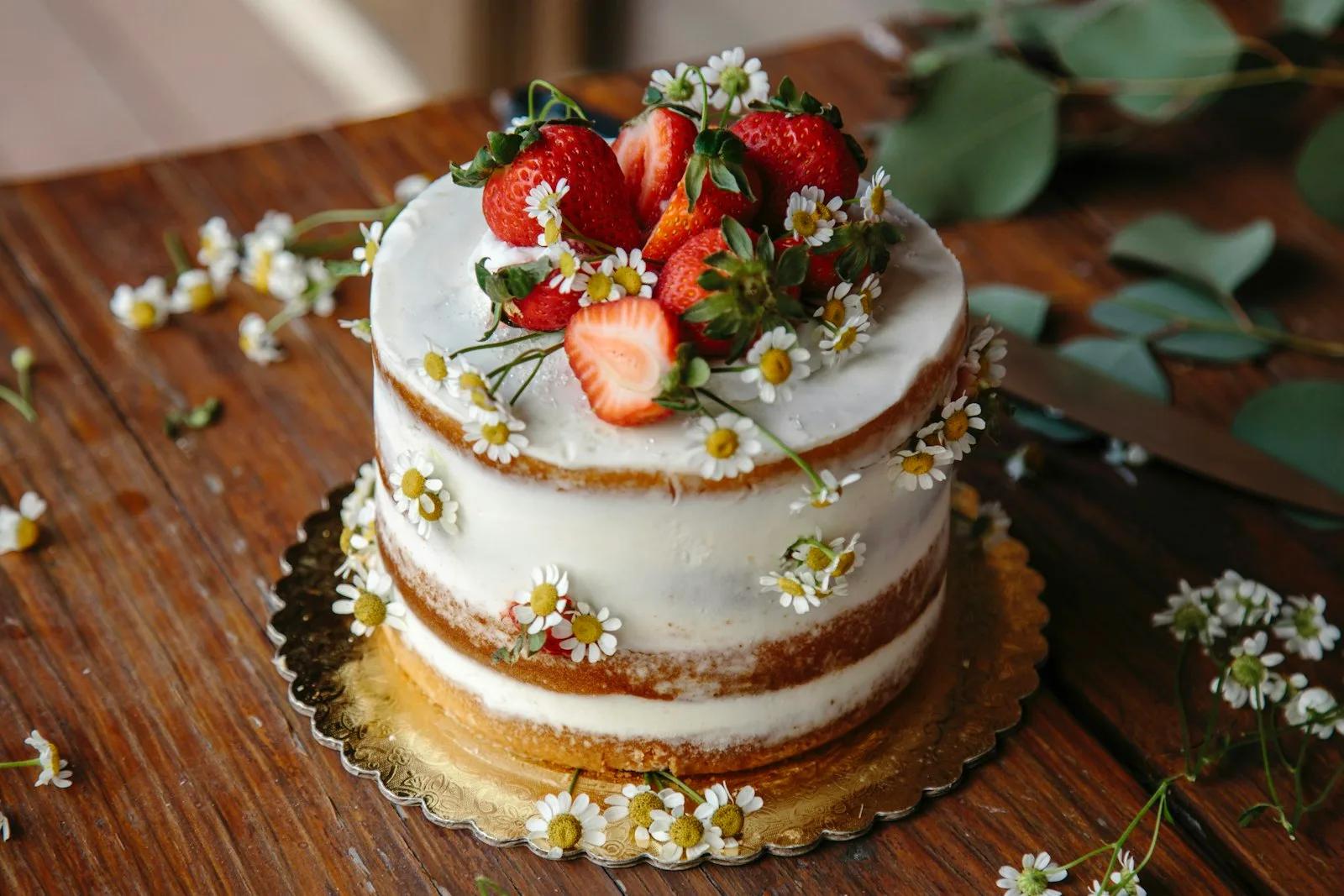 Ein Semi-Naked Cake mit Erdbeeren und Kamillenblüten auf einem Holztisch