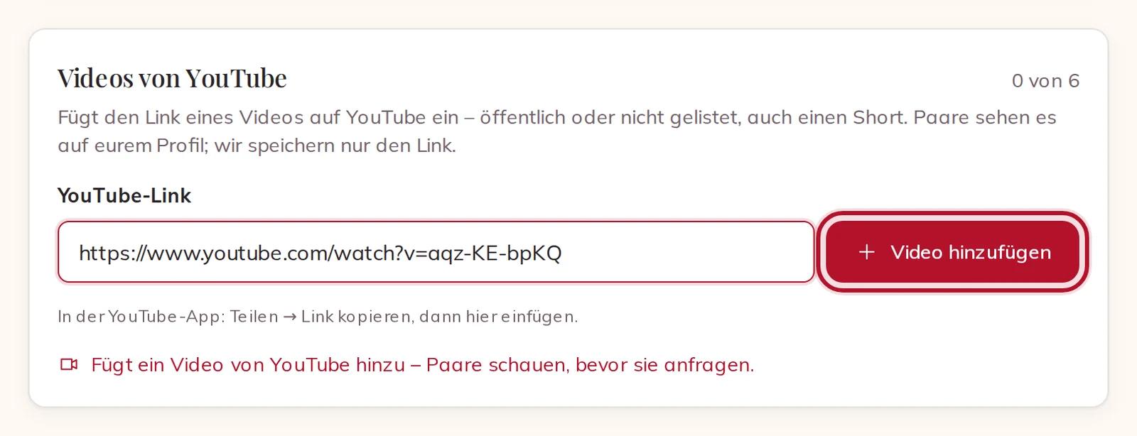 Ein YouTube-Link, bereit zum Hinzufügen