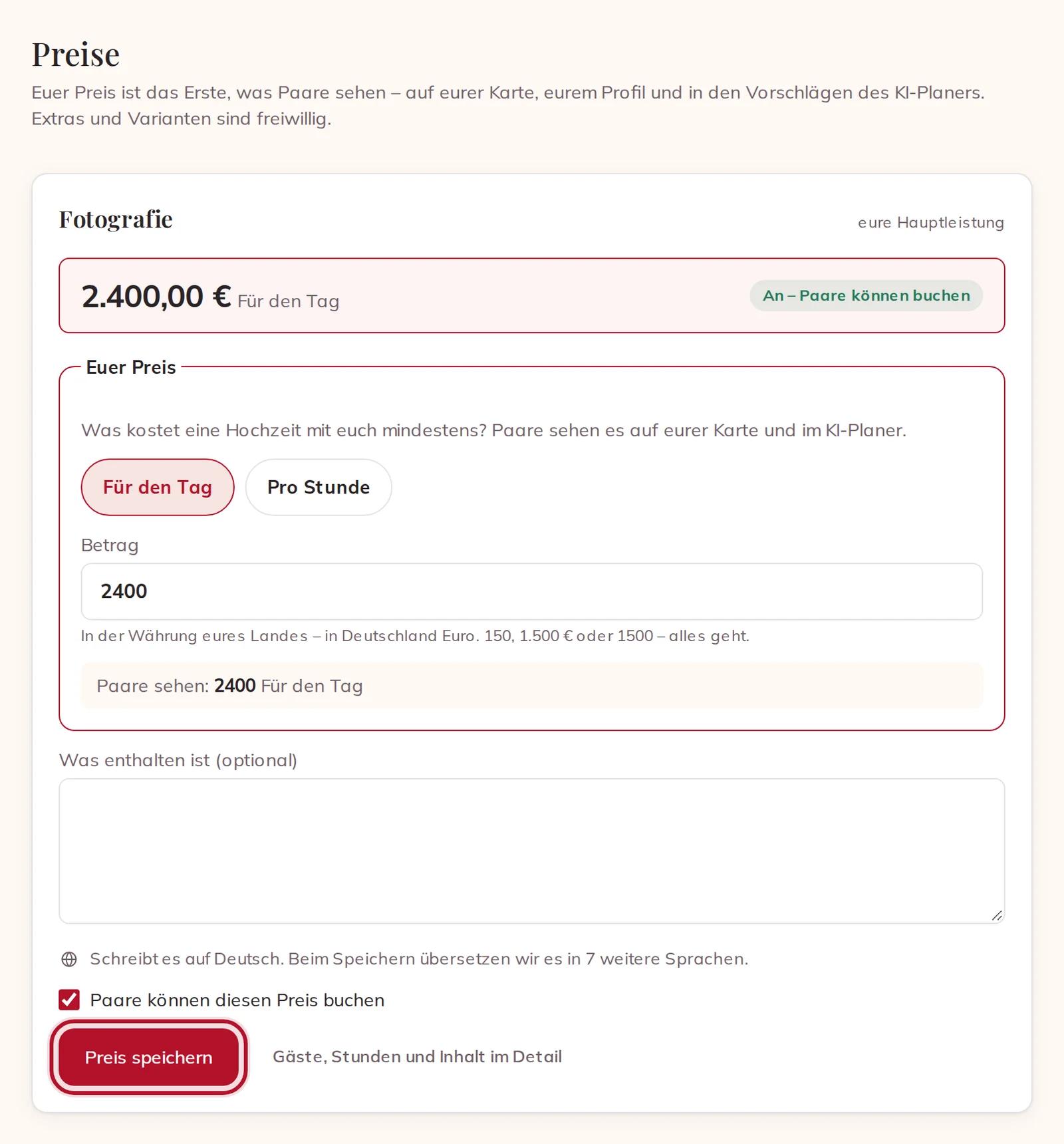 Euer Preis, mit „Preis speichern“