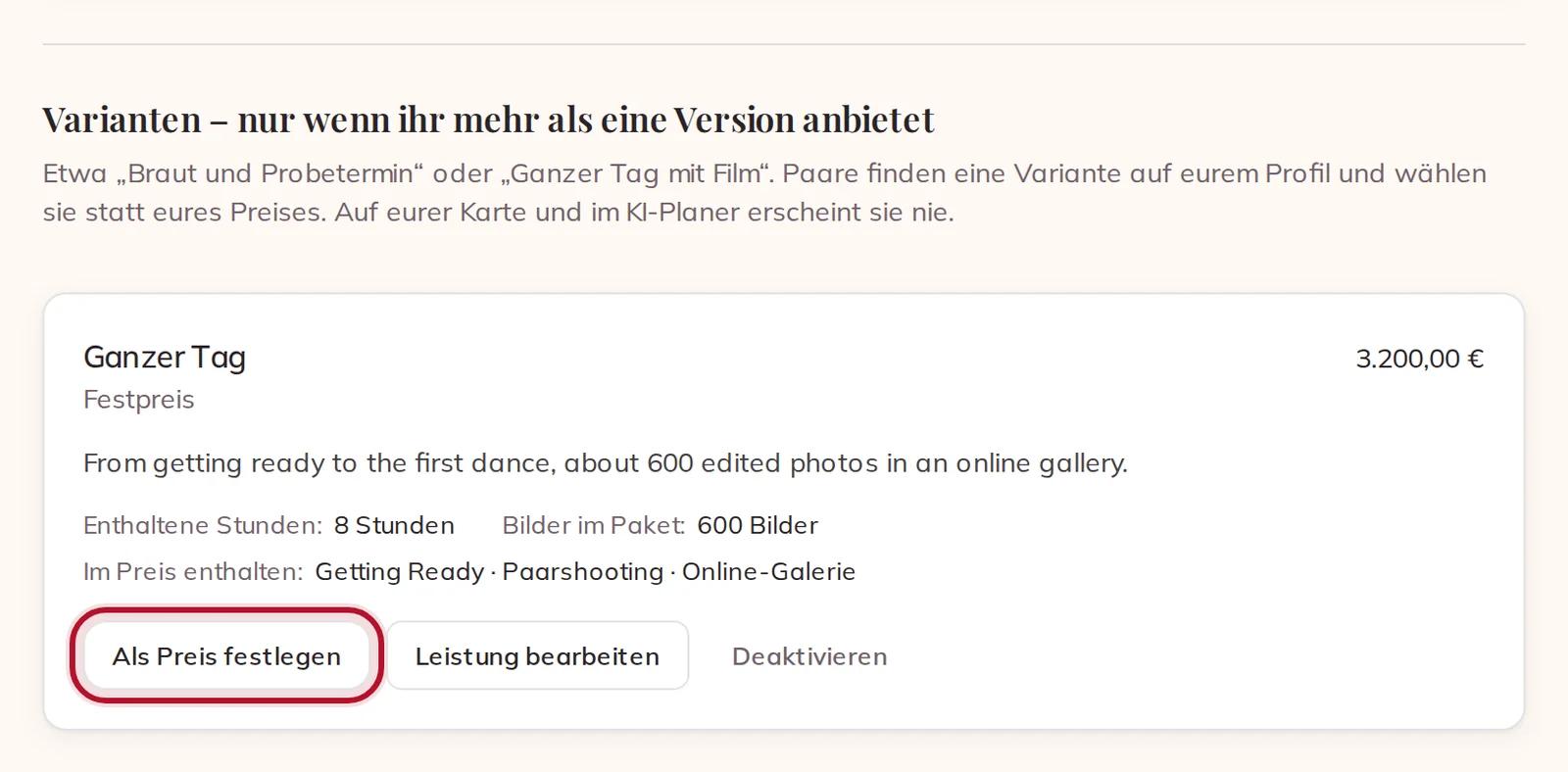 Eure Variante, mit „Als Preis festlegen“