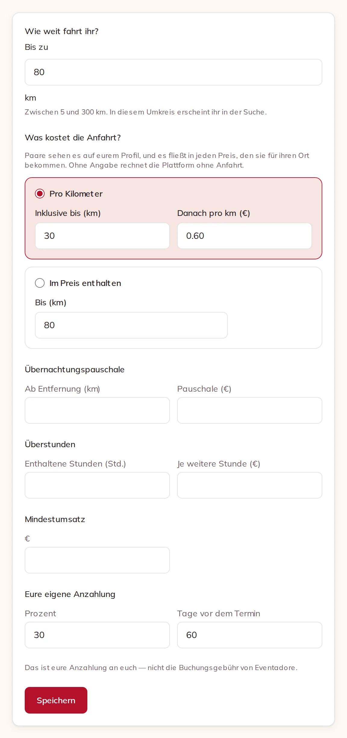 Wie weit ihr fahrt, was die Anfahrt kostet, Übernachtungspauschale, Überstunden, Mindestumsatz und eure eigene Anzahlung