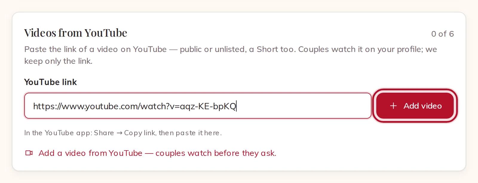 A YouTube link ready to add