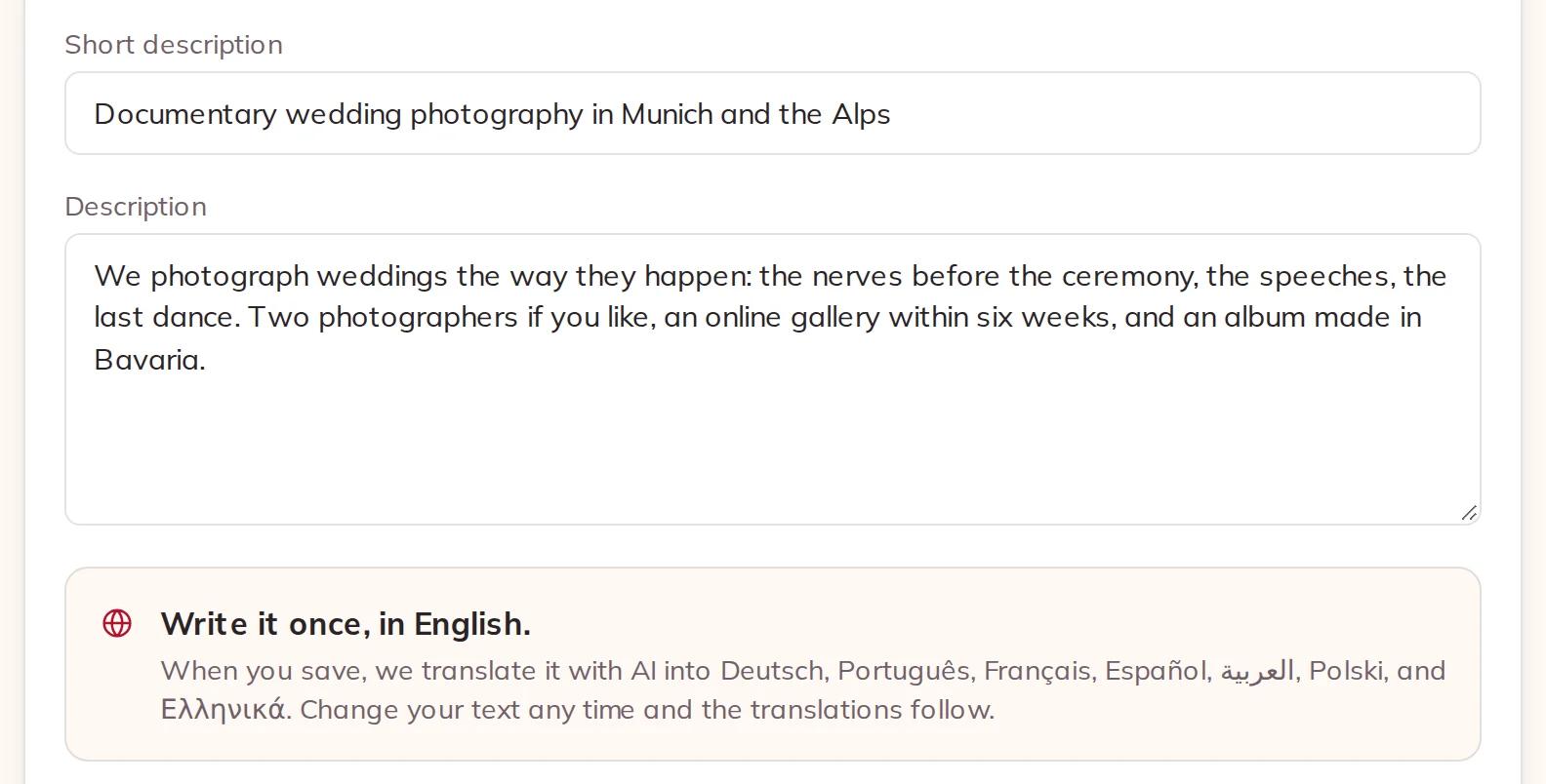 Short description, description and the translation note