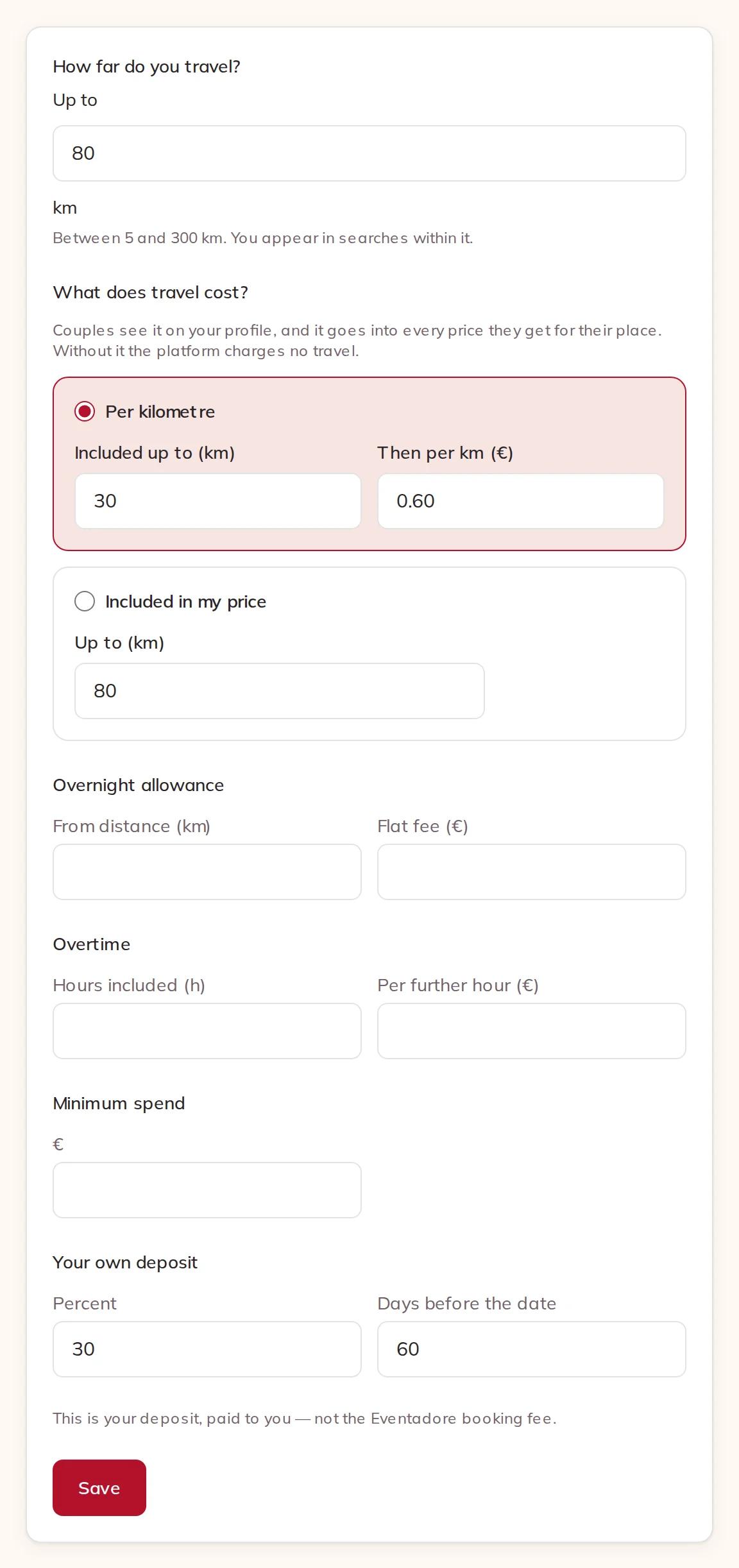 How far you travel, what travel costs, overnight allowance, overtime, minimum spend and your own deposit