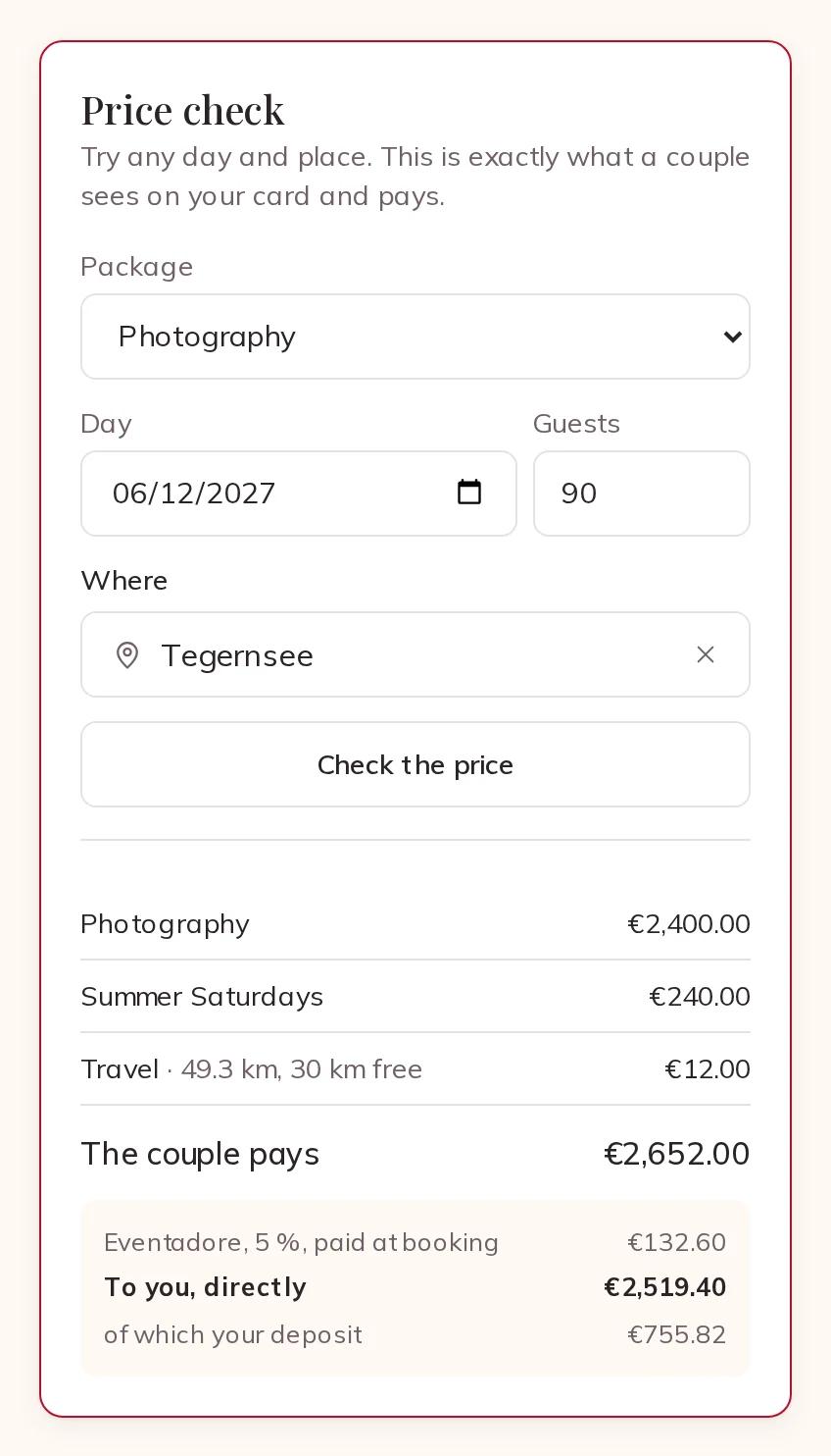 The price check for a Saturday in June at Tegernsee