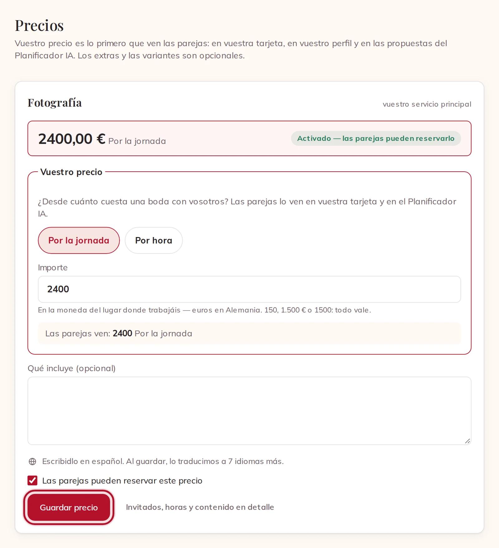 Vuestro precio, con Guardar precio