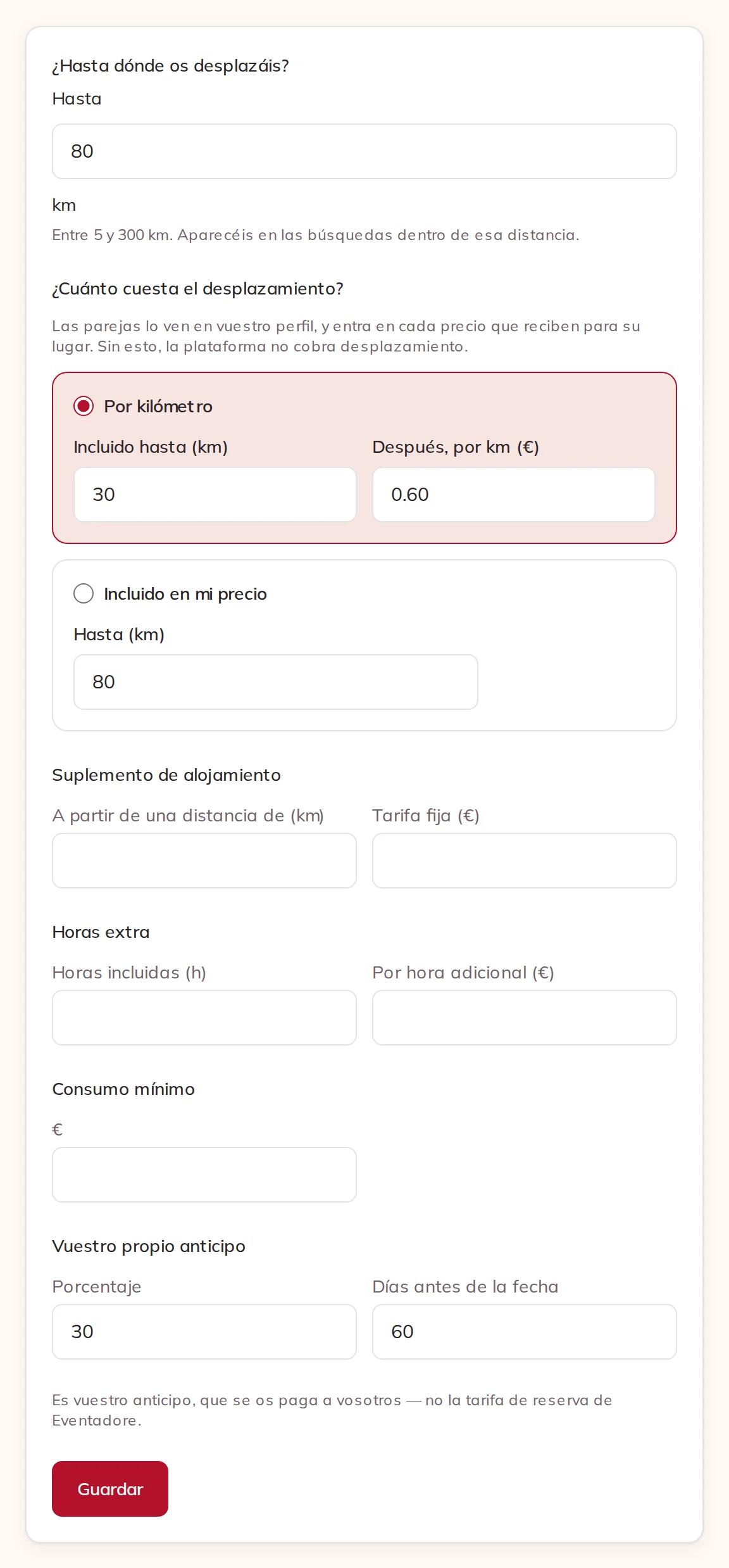 Hasta dónde os desplazáis, cuánto cuesta el desplazamiento, suplemento de alojamiento, horas extra, consumo mínimo y vuestro propio anticipo