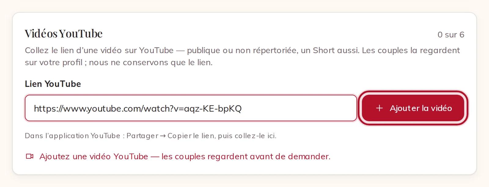 Un lien YouTube prêt à être ajouté