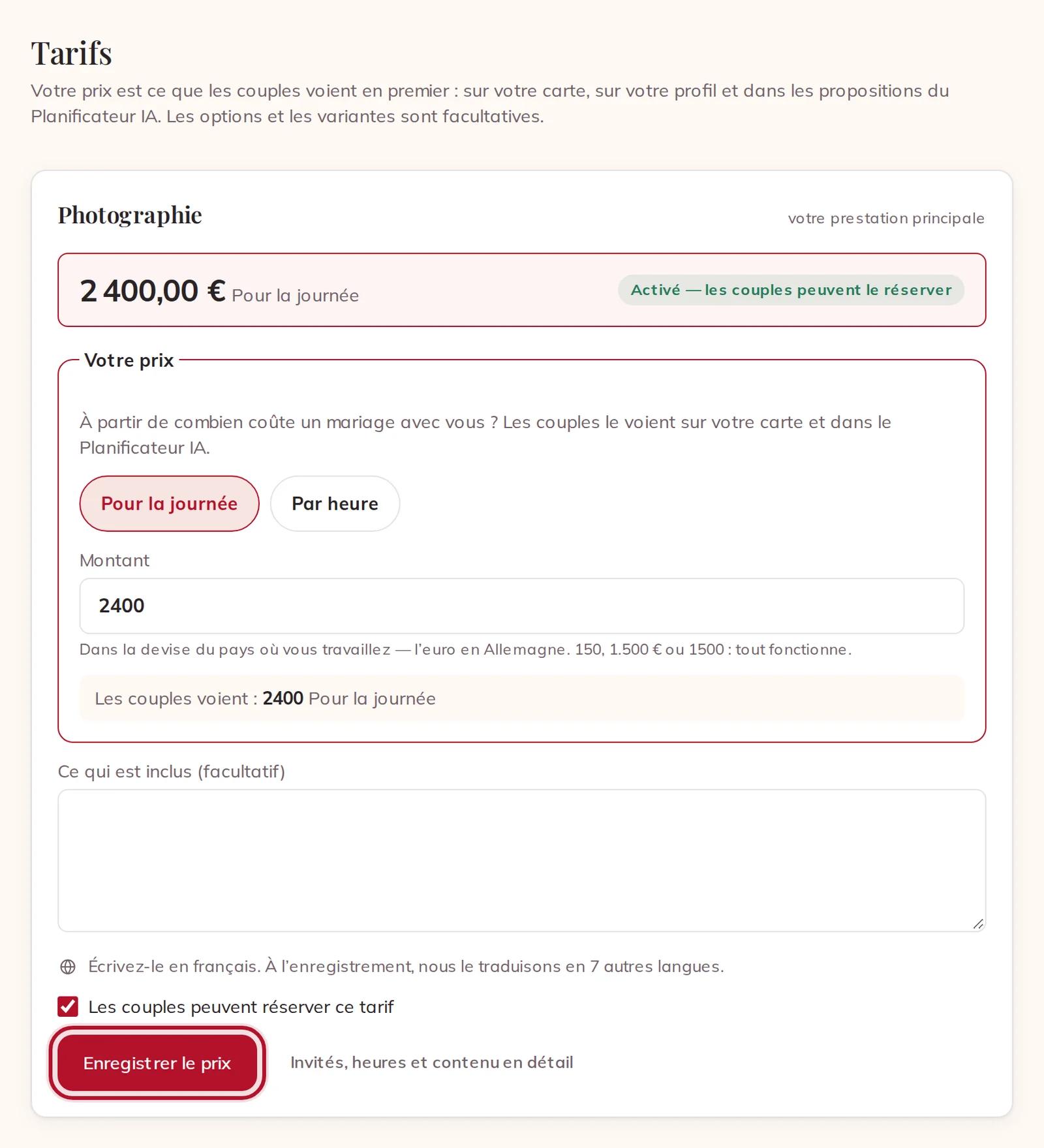 Votre prix, avec Enregistrer le prix