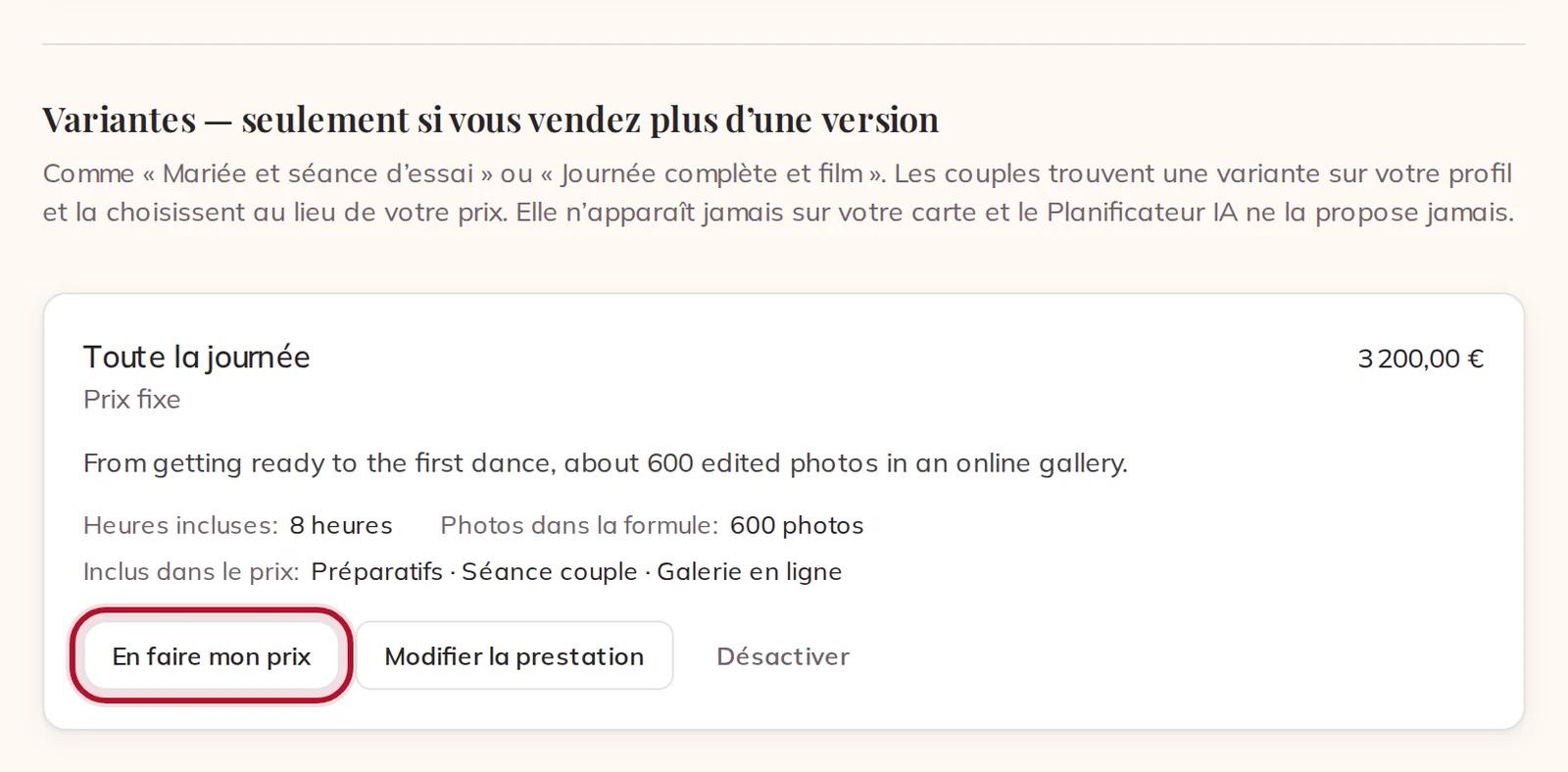 Votre variante, avec En faire mon prix