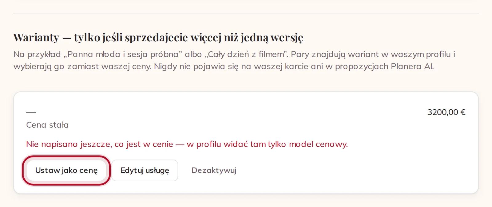 Wasz wariant, z przyciskiem Ustaw jako cenę