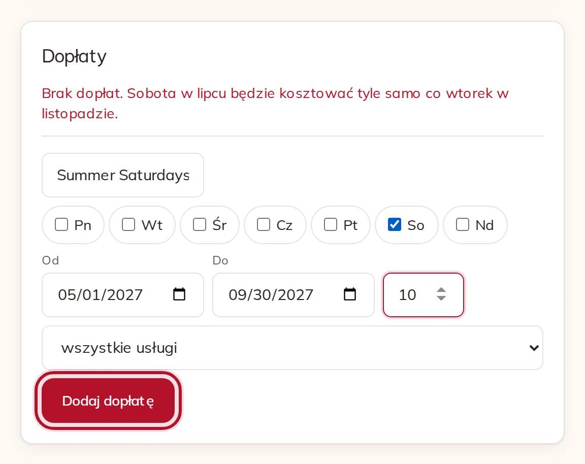 Dopłata za soboty od maja do września