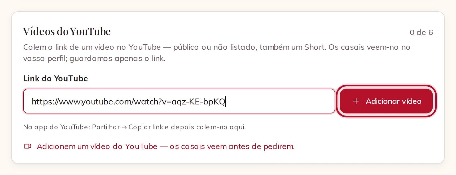 Um link do YouTube pronto a adicionar