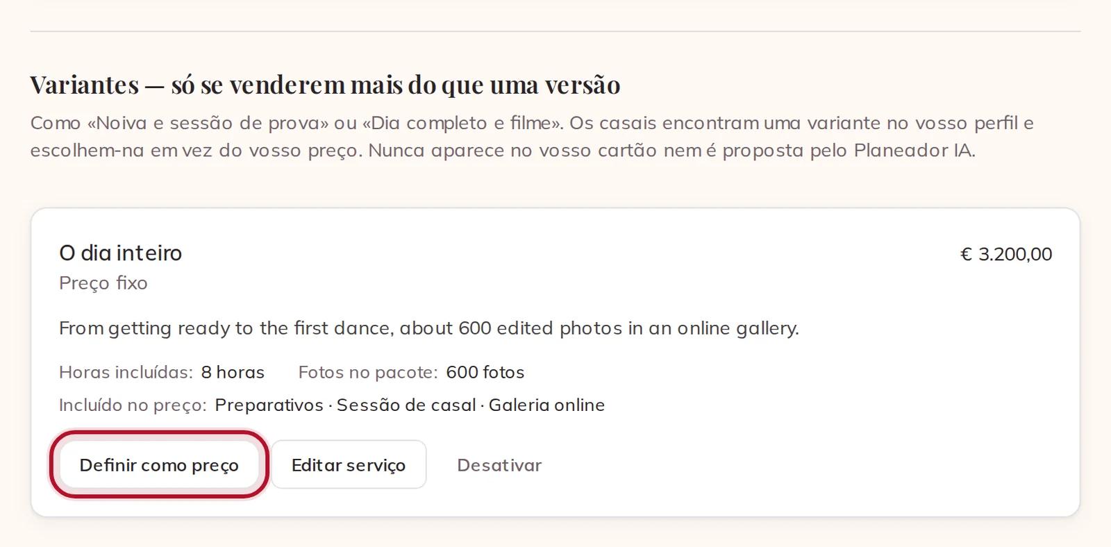 A vossa variante, com Definir como preço