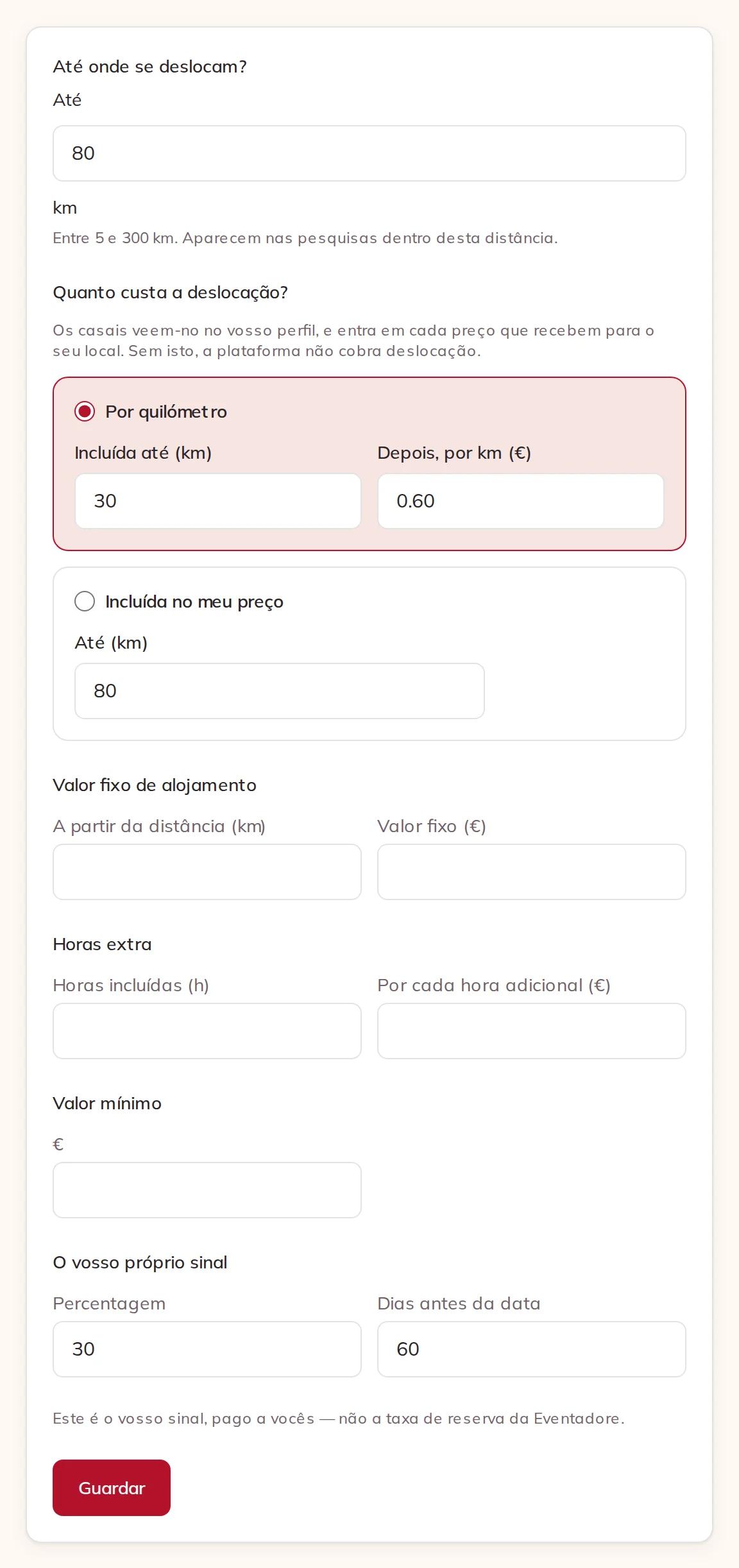 Até onde se deslocam, quanto custa a deslocação, valor fixo de alojamento, horas extra, valor mínimo e o vosso próprio sinal