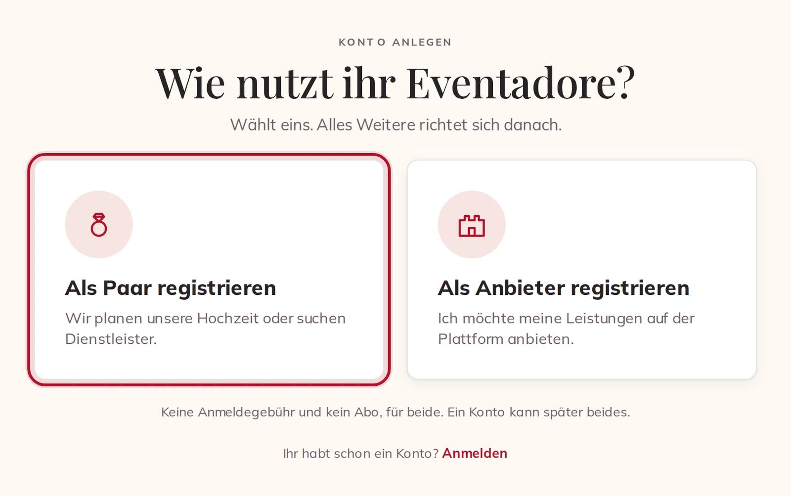 Die erste Frage: als Paar oder als Anbieter registrieren