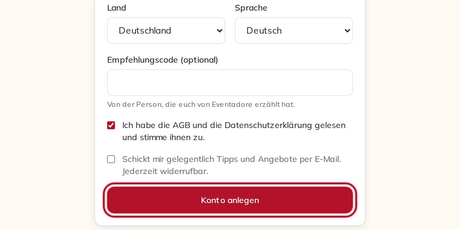 Land, Sprache, die AGB und der Button „Konto anlegen“