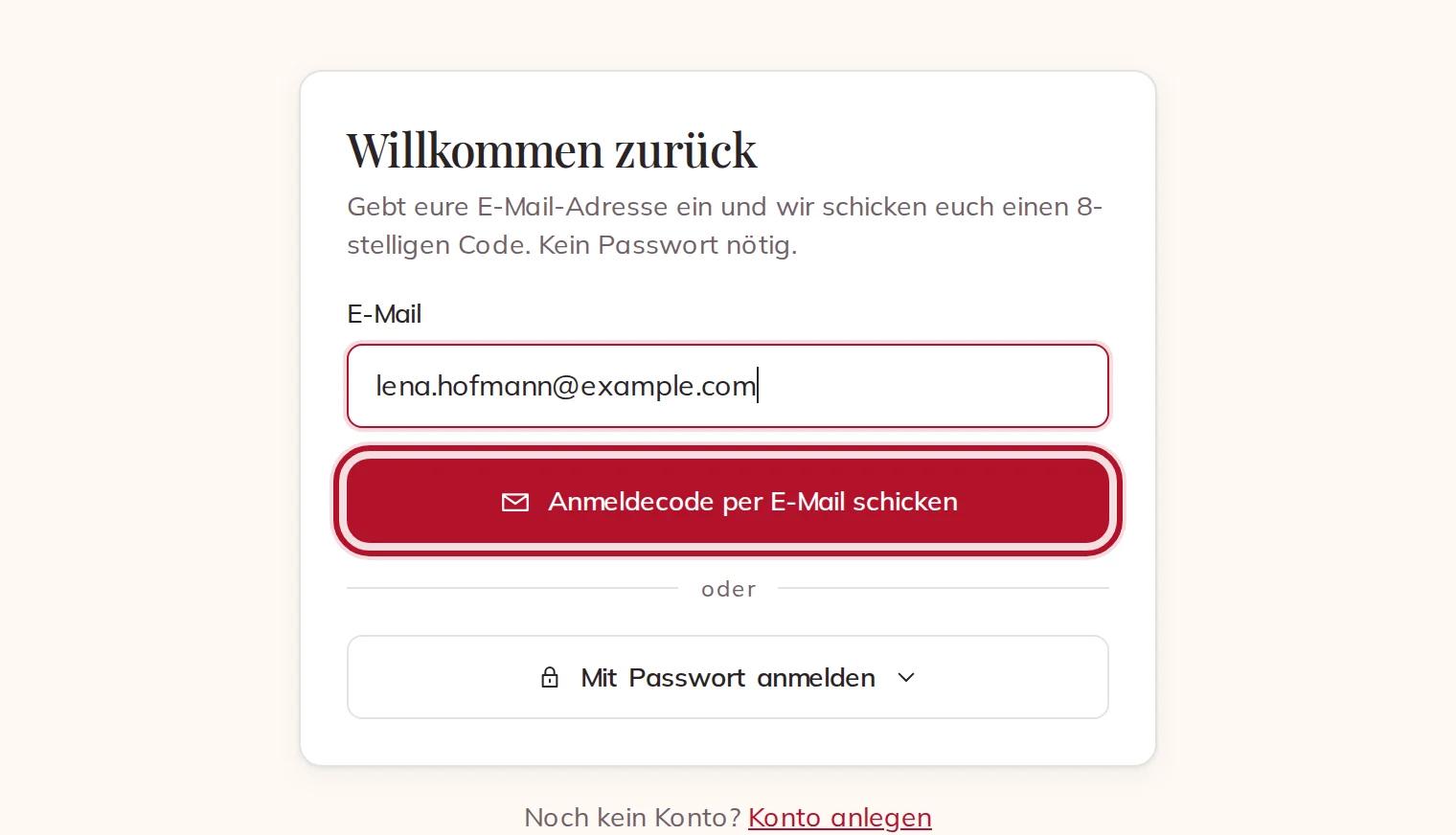 Anmelden mit einem Code per E-Mail