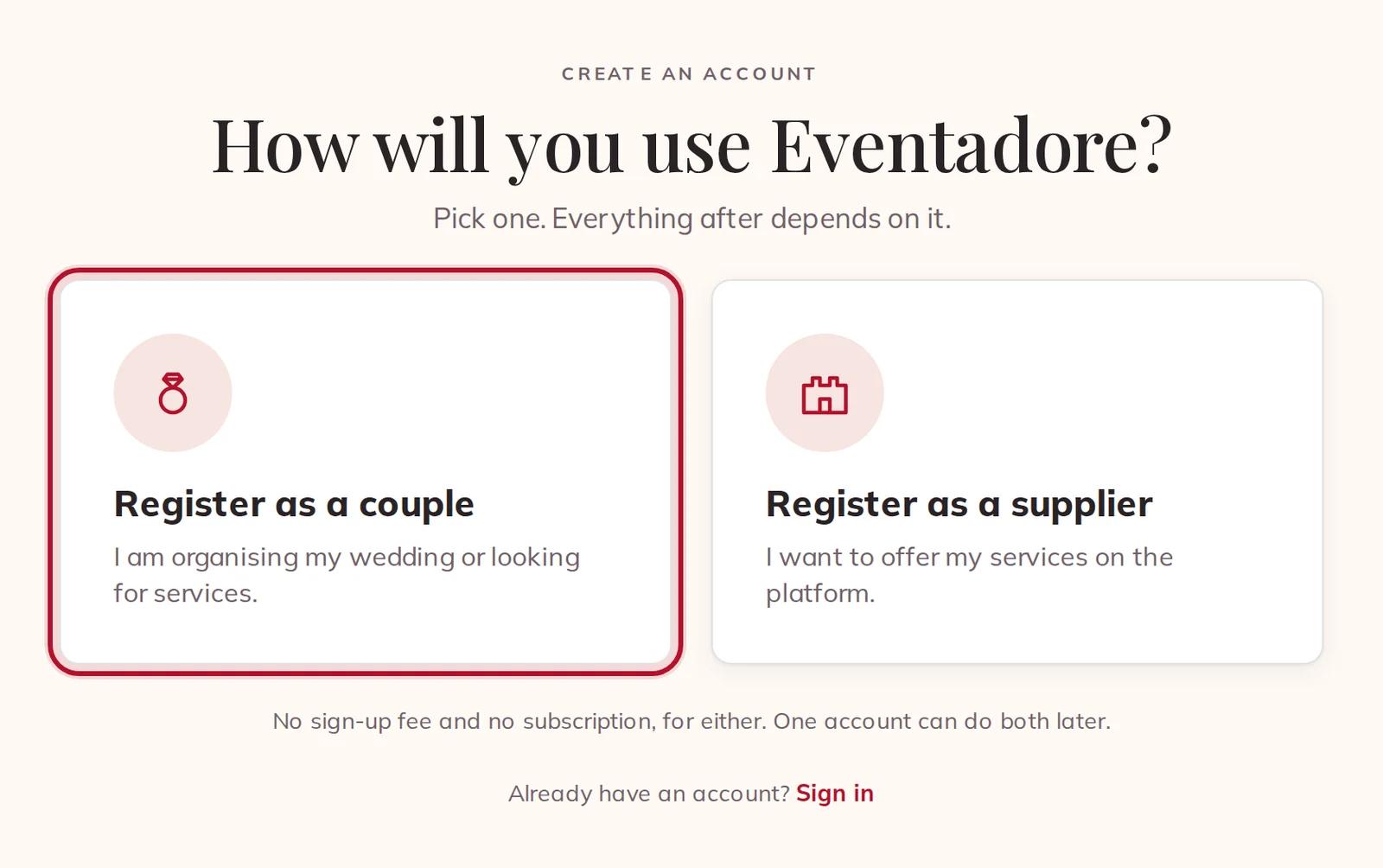 The first question: register as a couple or as a supplier