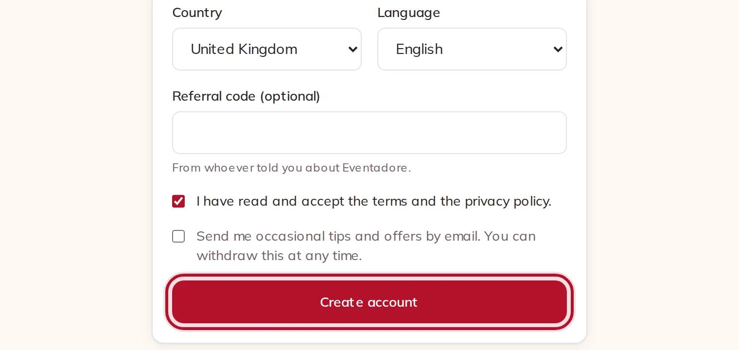 Country, language, the terms and the Create account button