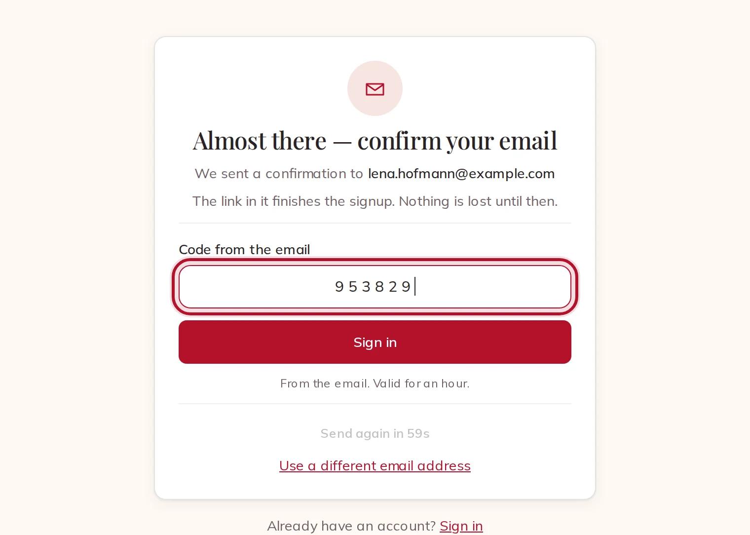 Typing the 8-digit code from the email