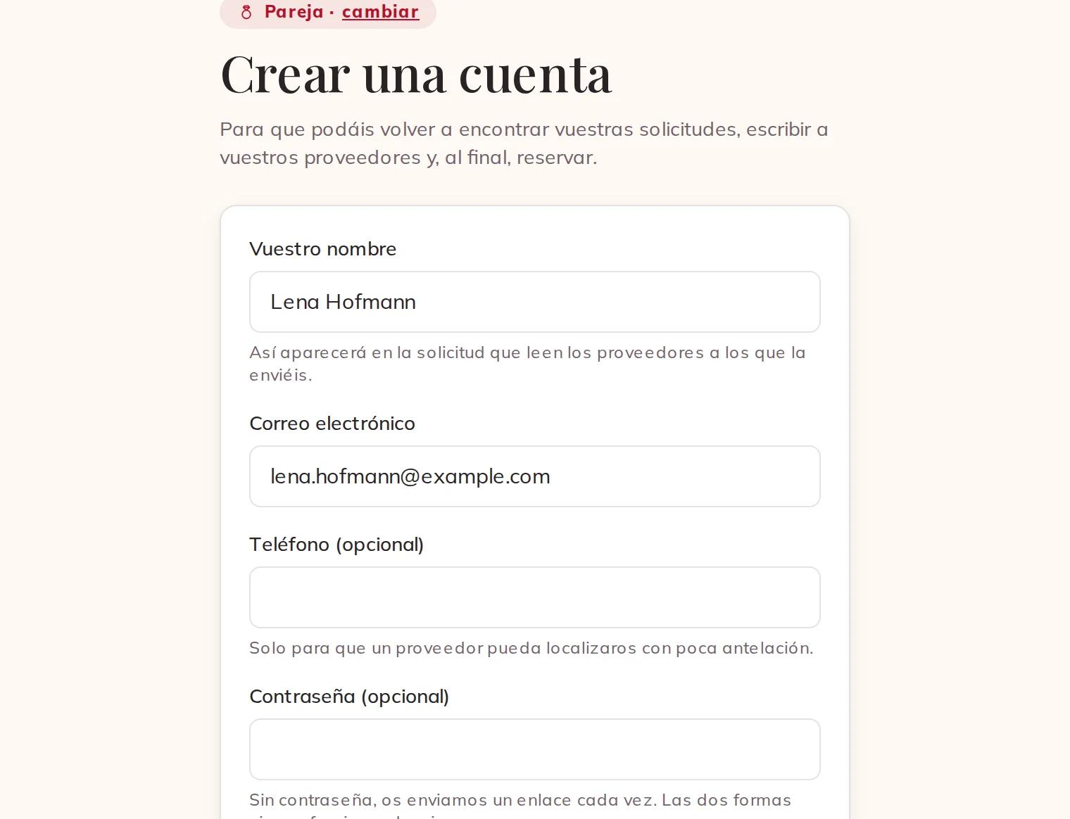 Vuestro nombre, correo, teléfono y contraseña
