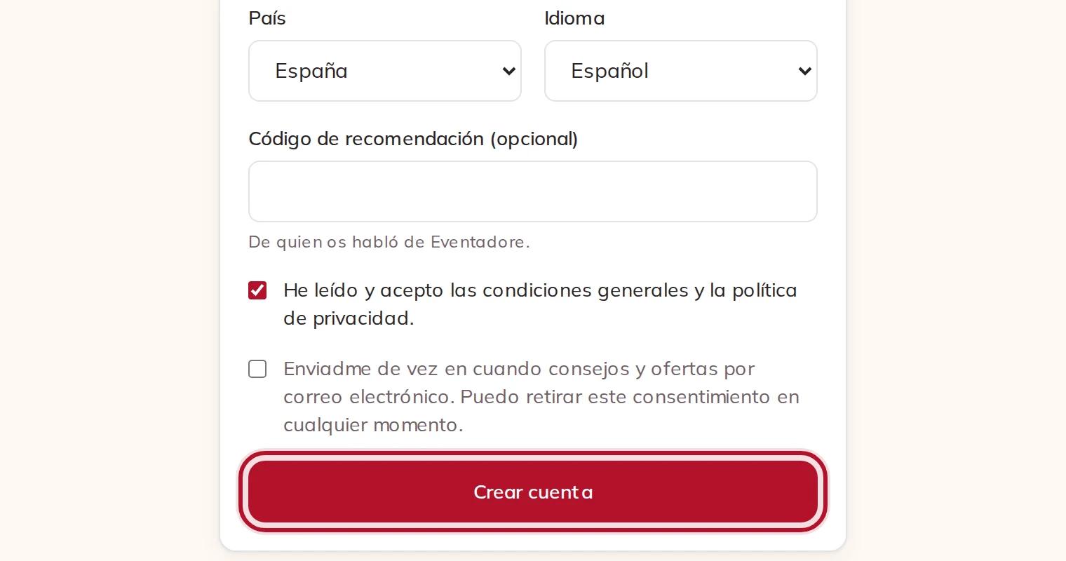 País, idioma, las condiciones y el botón Crear cuenta