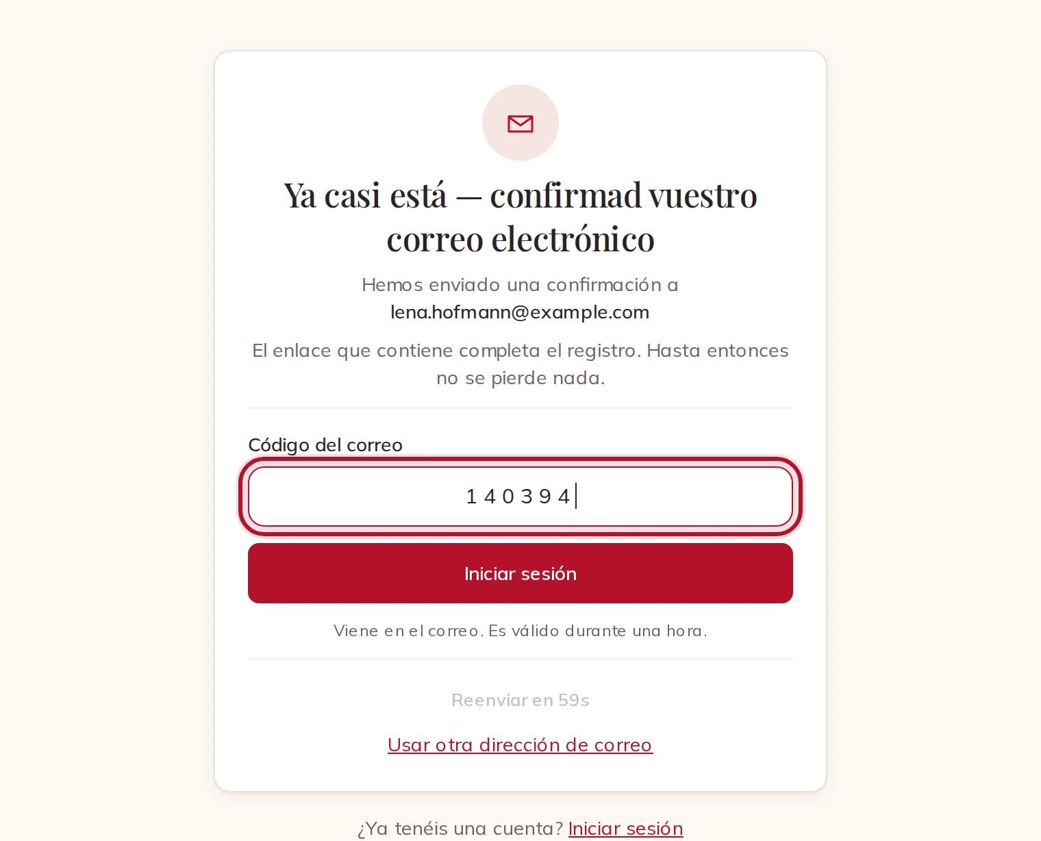 Escribir el código de 8 dígitos del correo