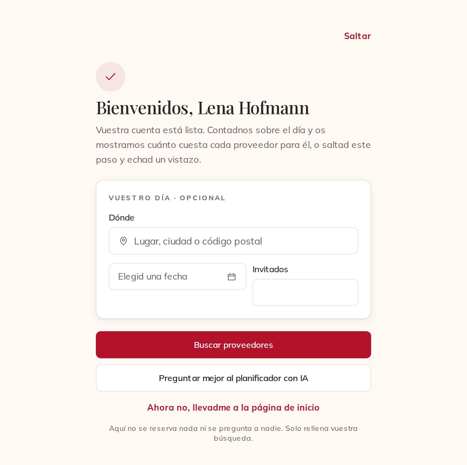 La página de bienvenida, con vuestro día como primer paso opcional