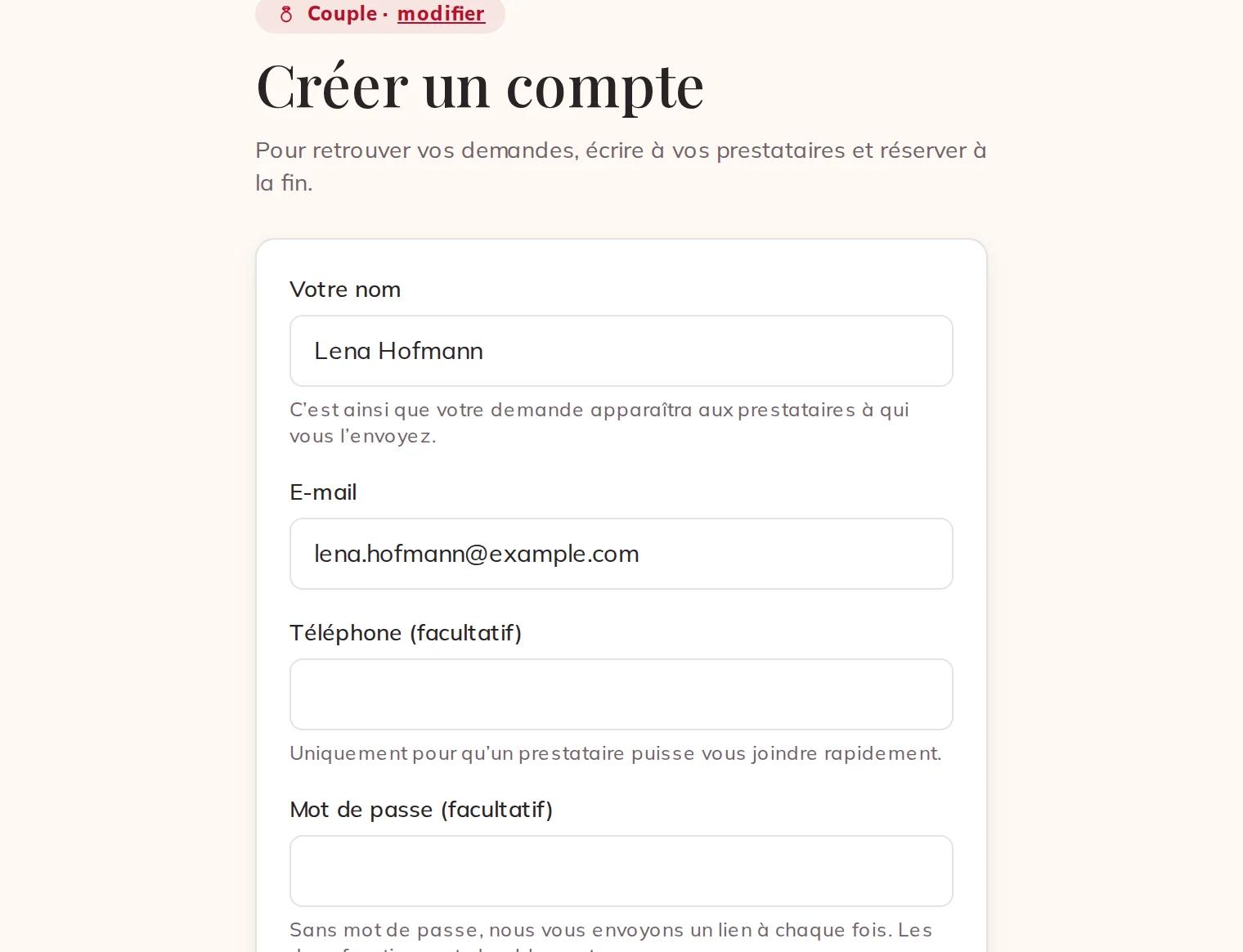 Votre nom, votre e-mail, votre téléphone et votre mot de passe