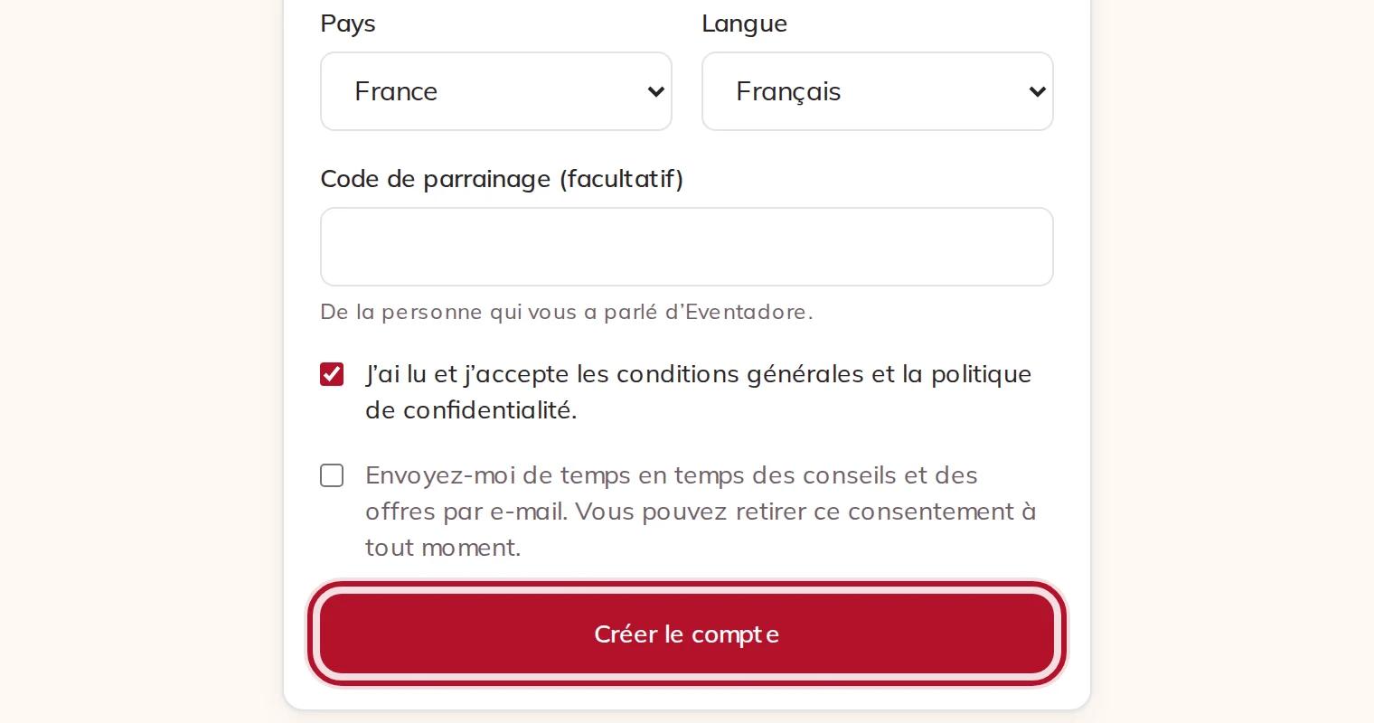 Le pays, la langue, les conditions et le bouton Créer le compte