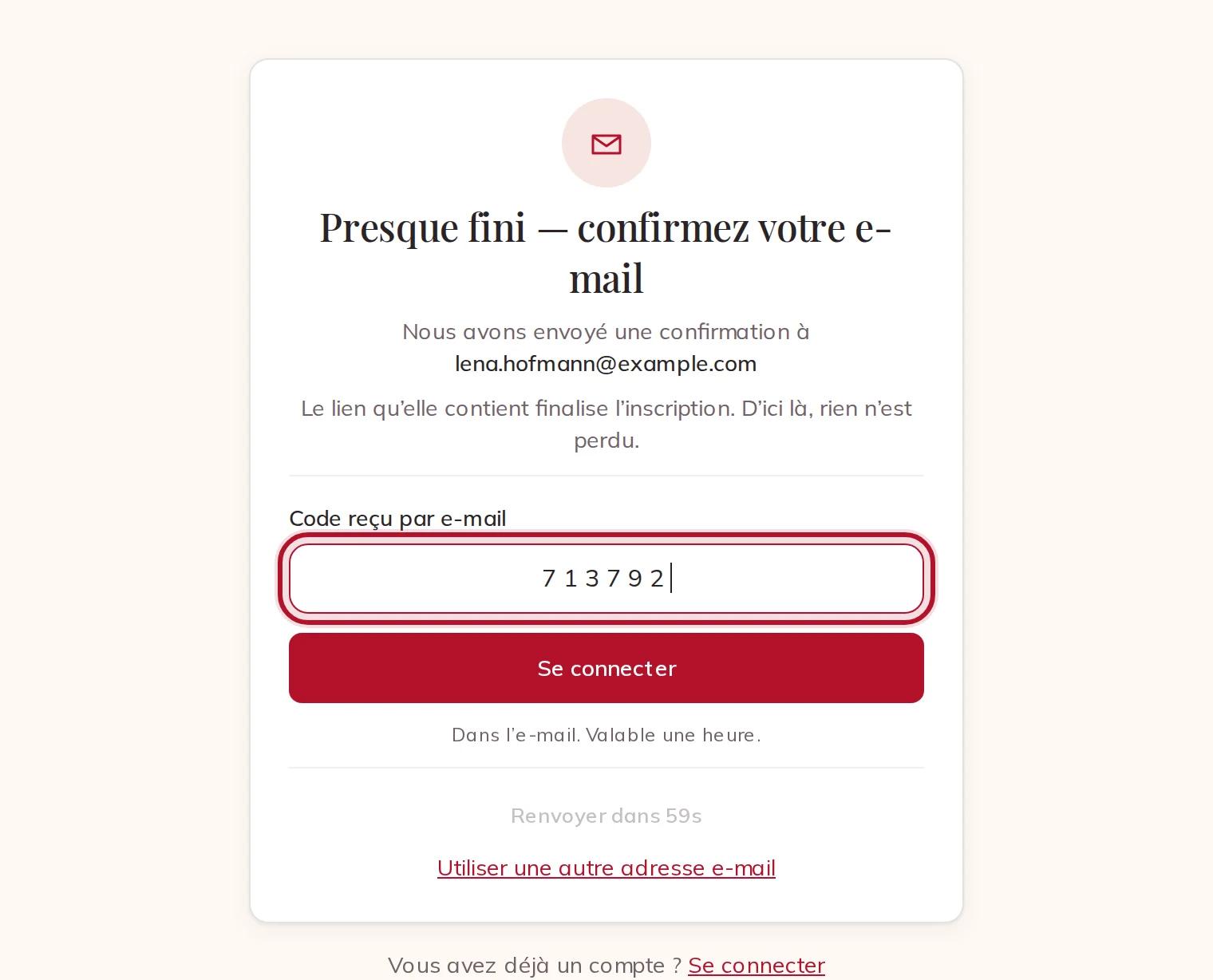 La saisie du code à 8 chiffres reçu par e-mail