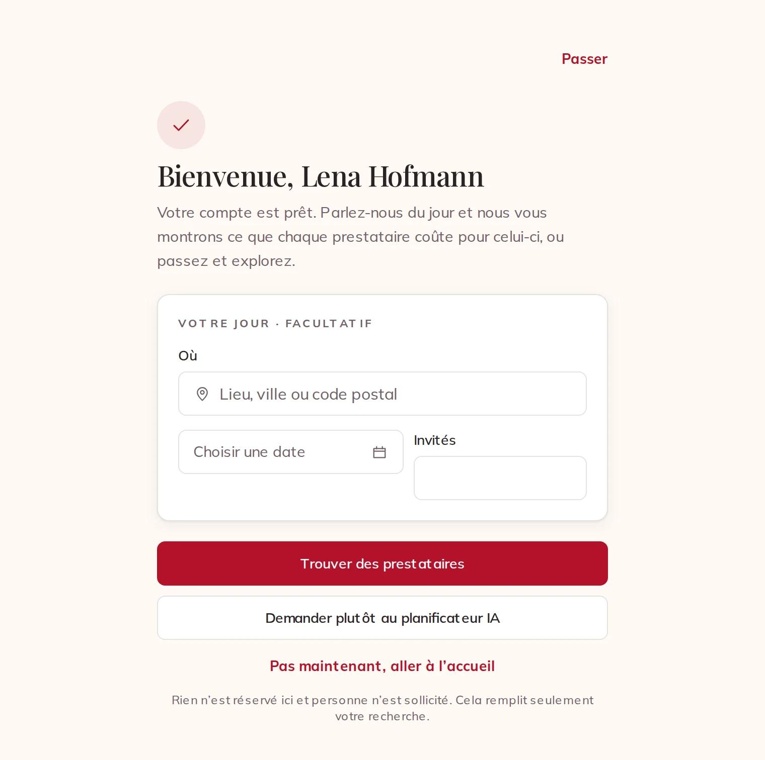 La page de bienvenue, avec votre jour comme première étape facultative