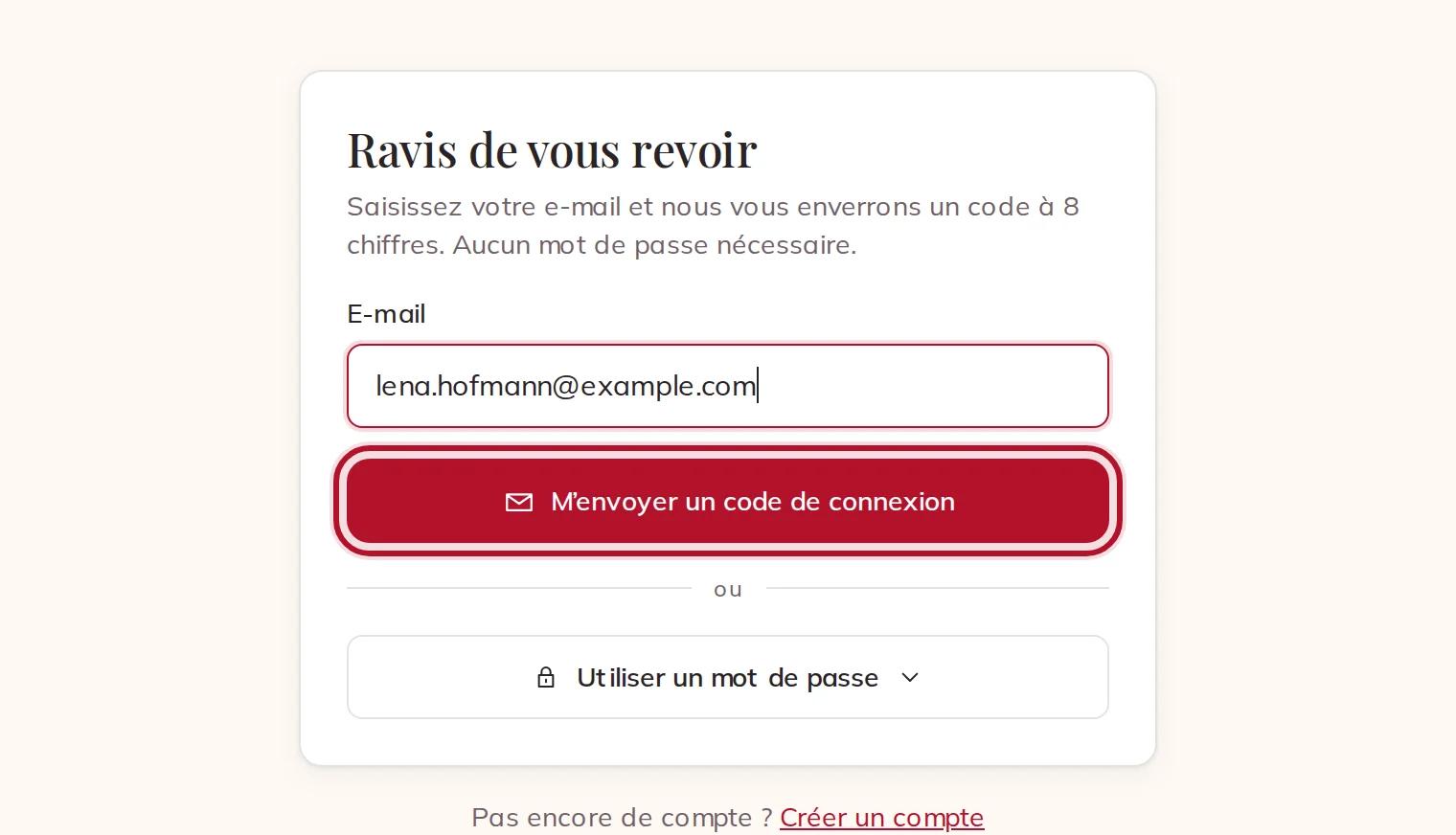 La connexion avec un code par e-mail