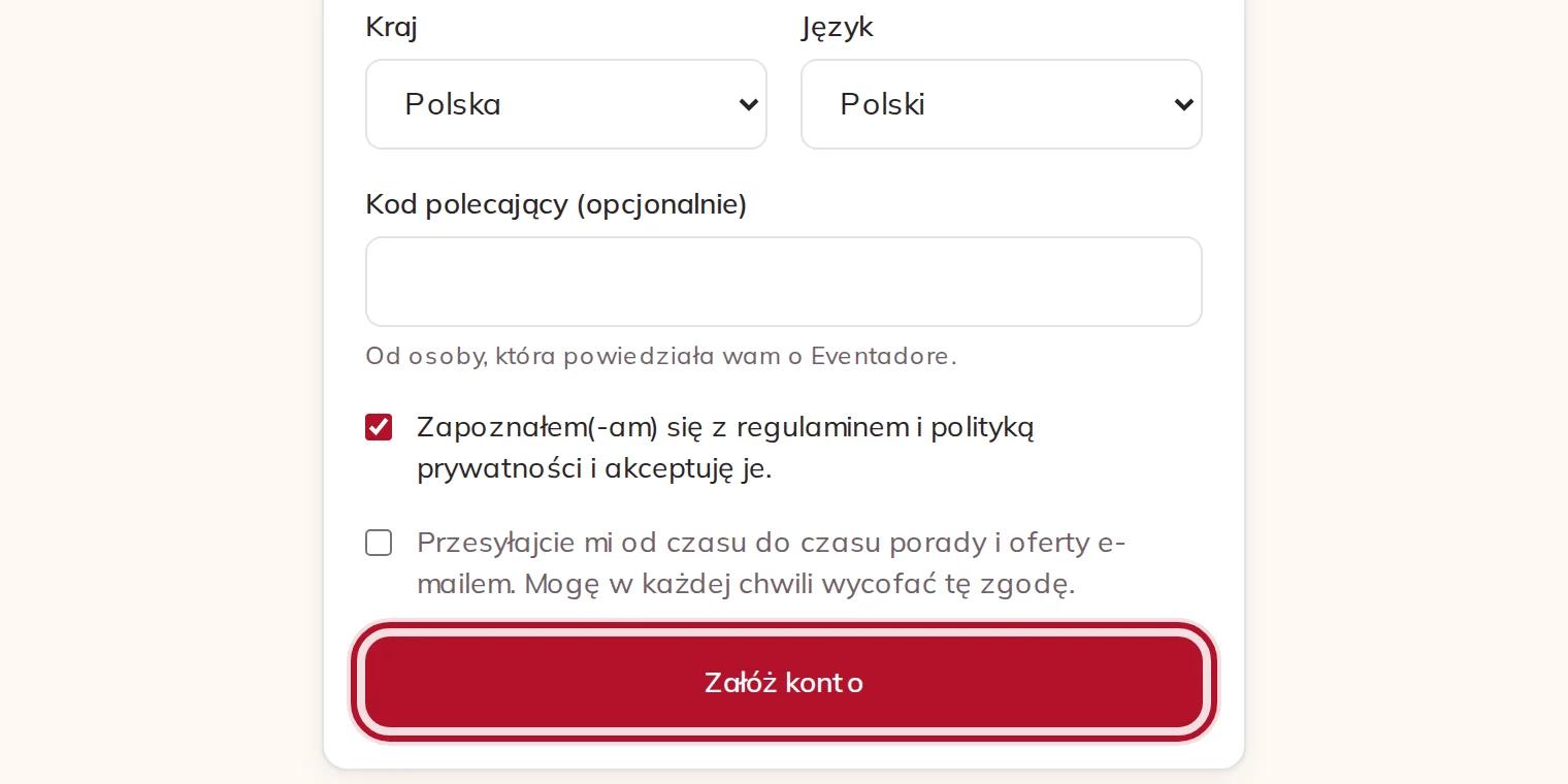 Kraj, język, regulamin i przycisk Załóż konto