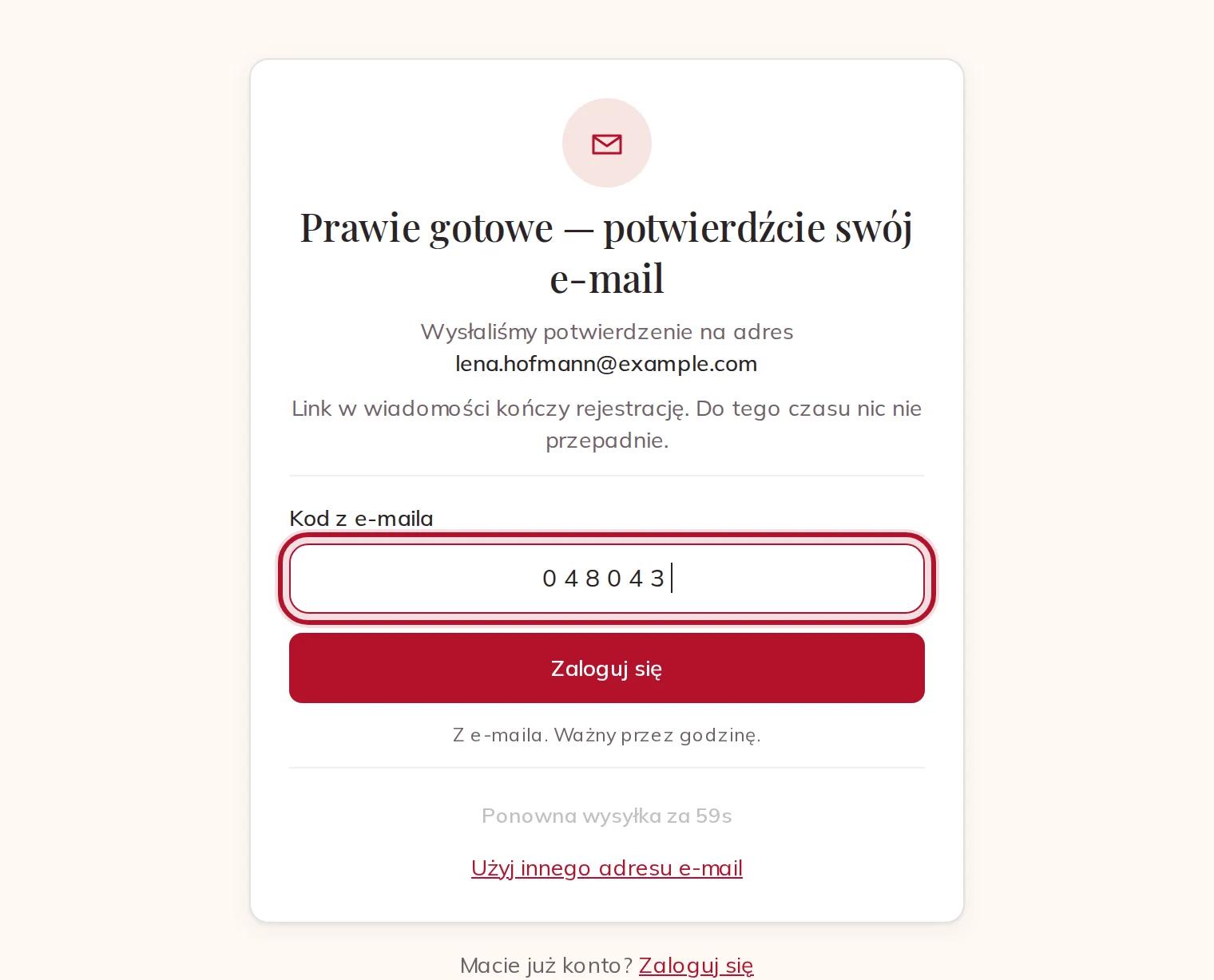 Wpisywanie 8-cyfrowego kodu z e-maila