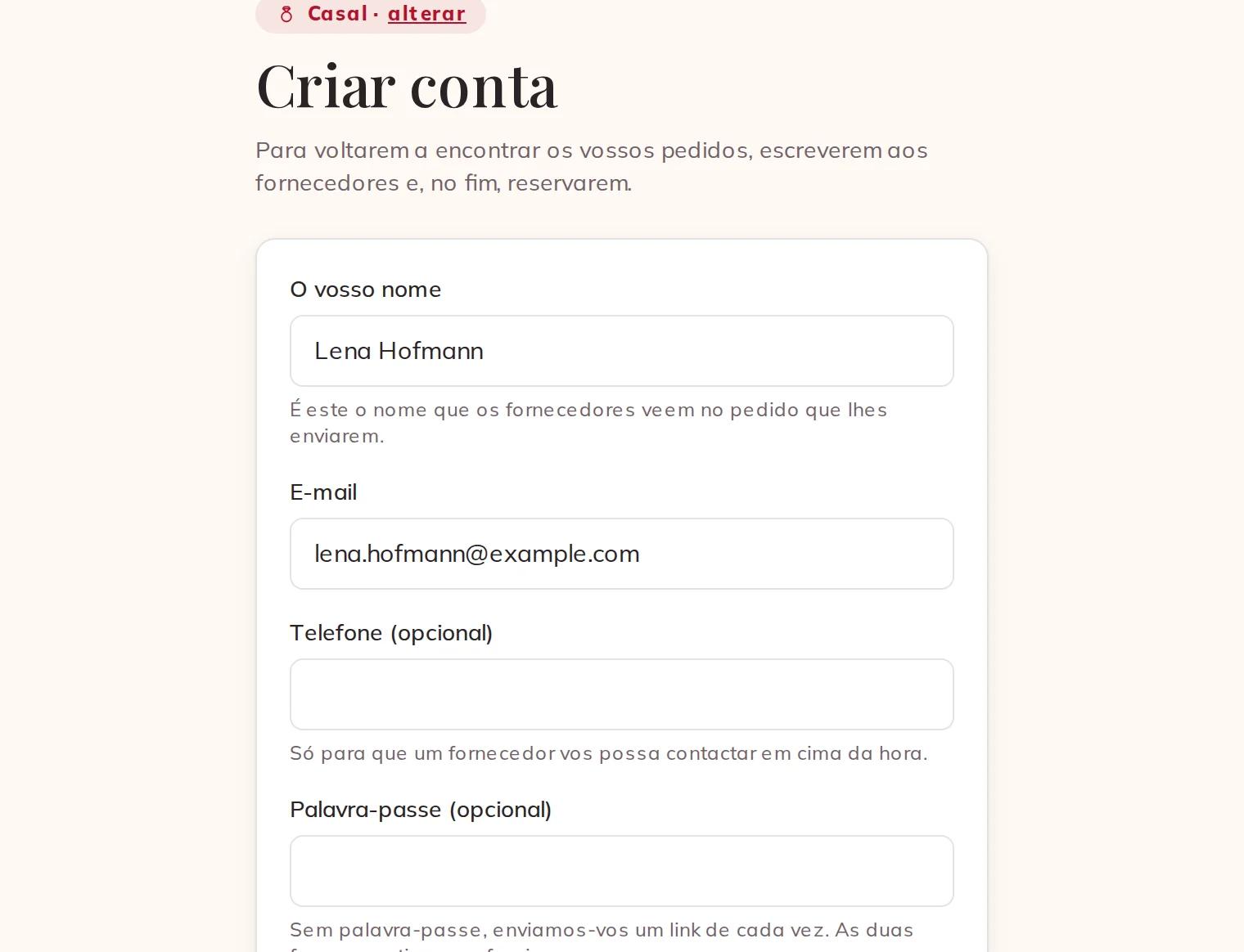 O vosso nome, e-mail, telefone e palavra-passe