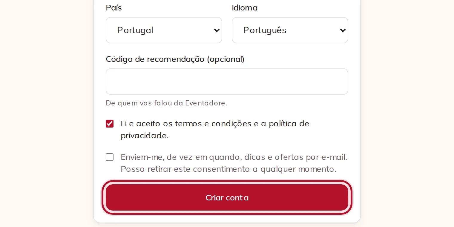 País, idioma, os termos e o botão Criar conta