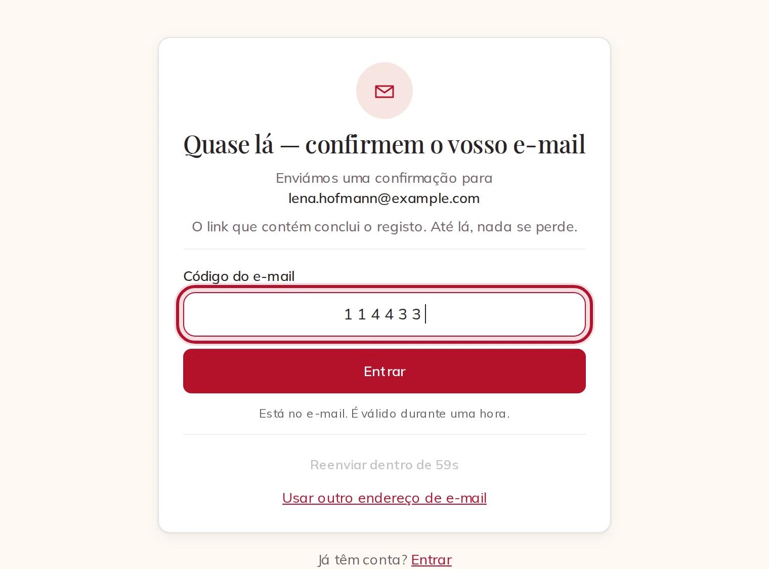 Escrever o código de 8 dígitos do e-mail