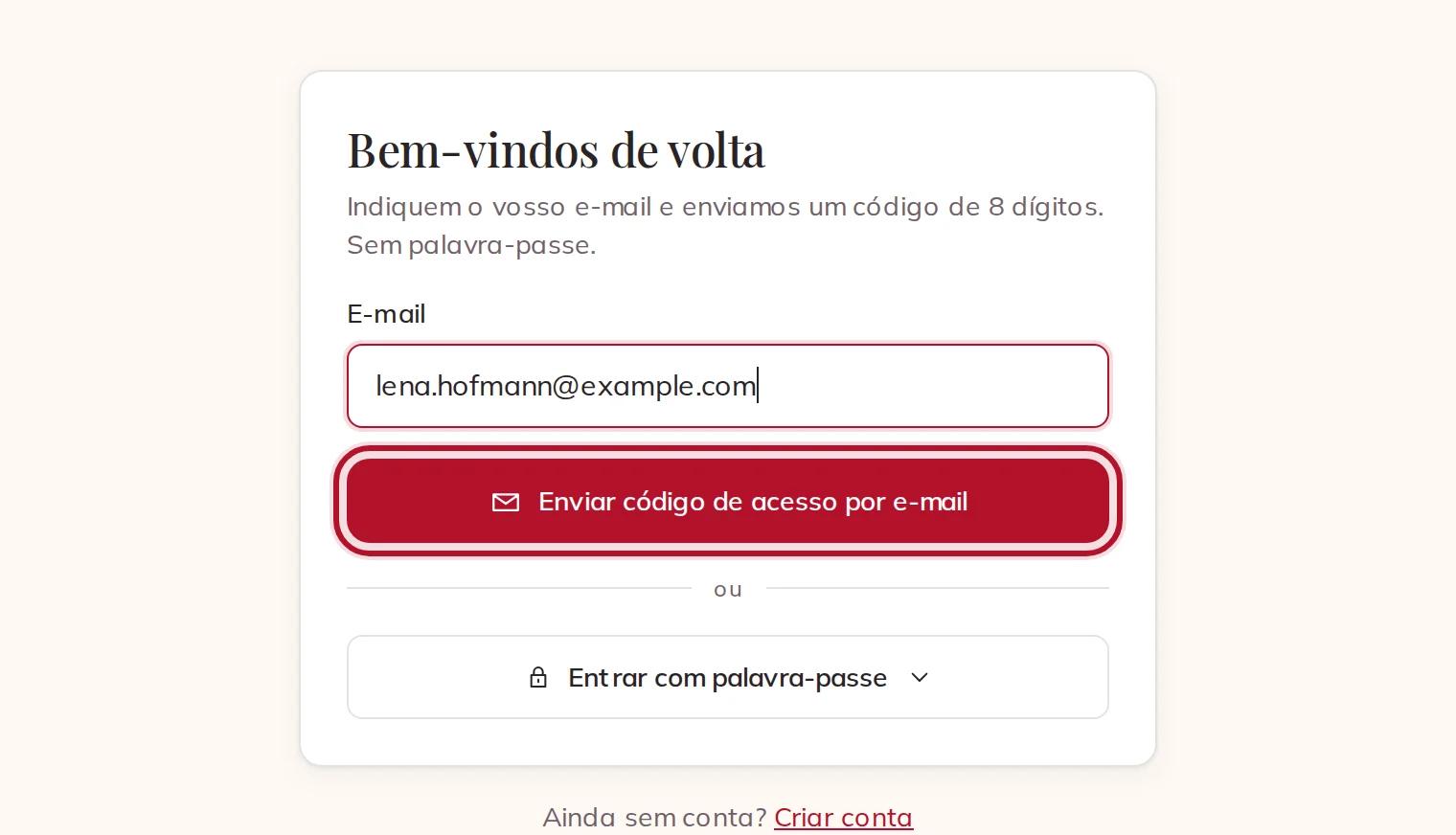 Entrar com um código por e-mail