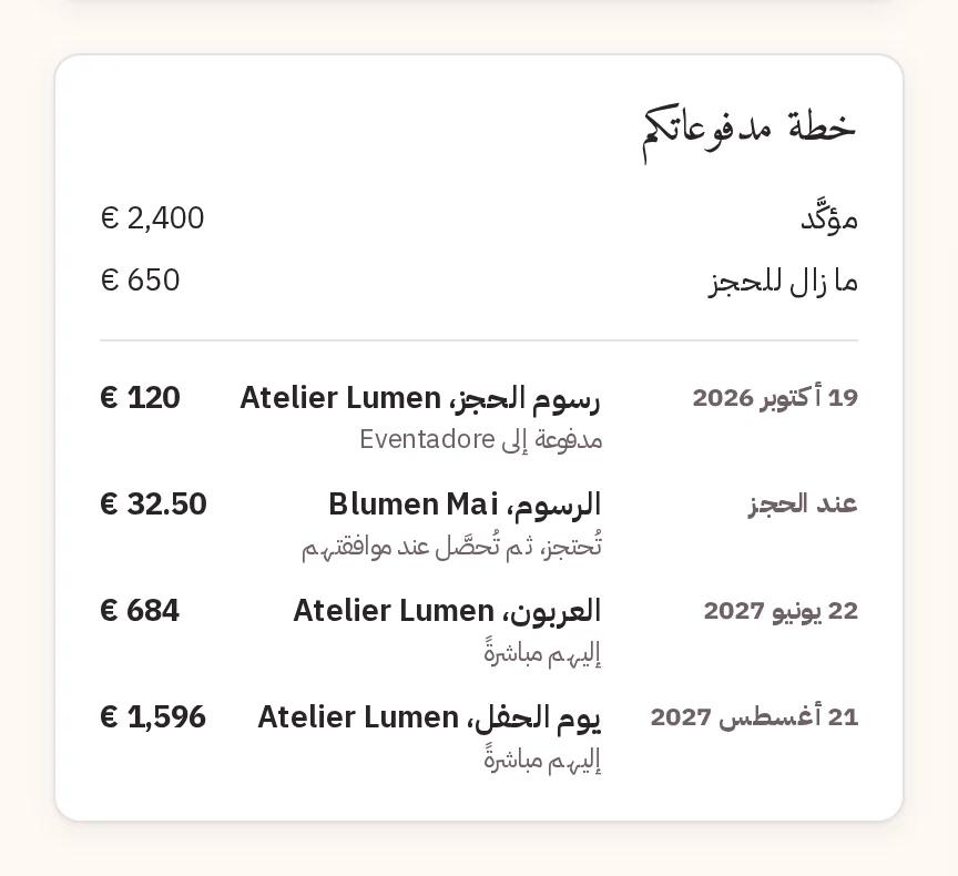 خطة مدفوعاتكم: الرسوم والعربون ويوم الحفل
