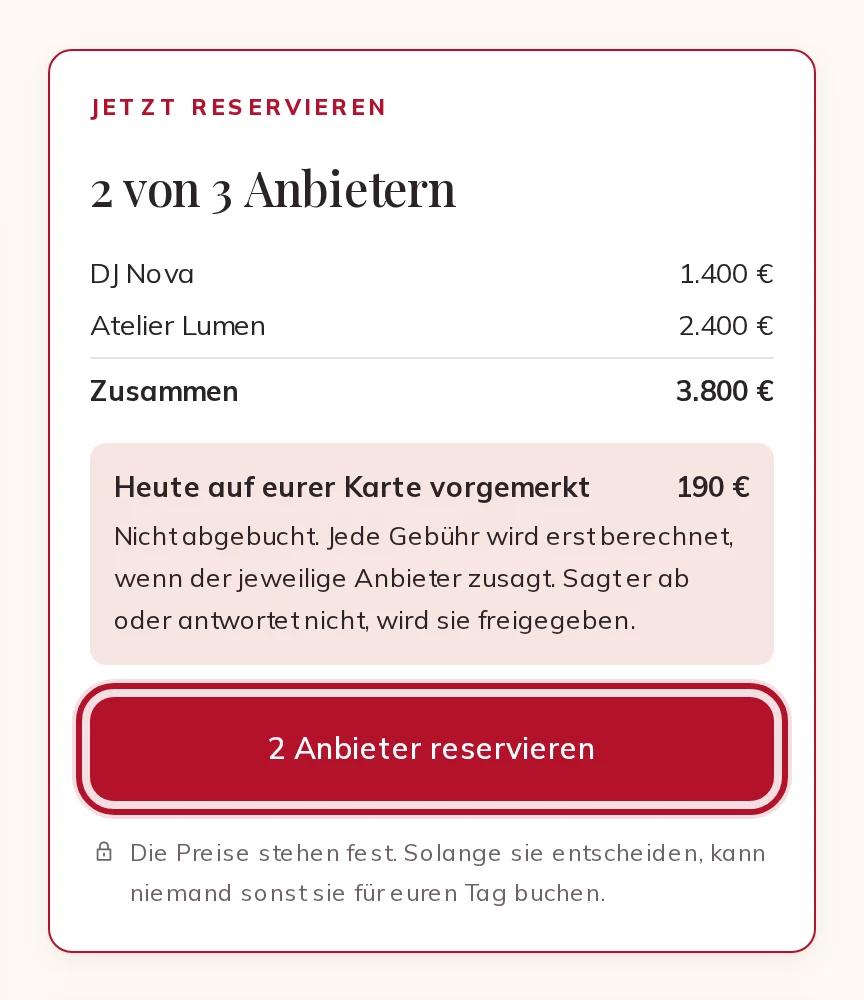 Das Feld „Jetzt reservieren“ mit der Summe und den heute vorgemerkten Gebühren