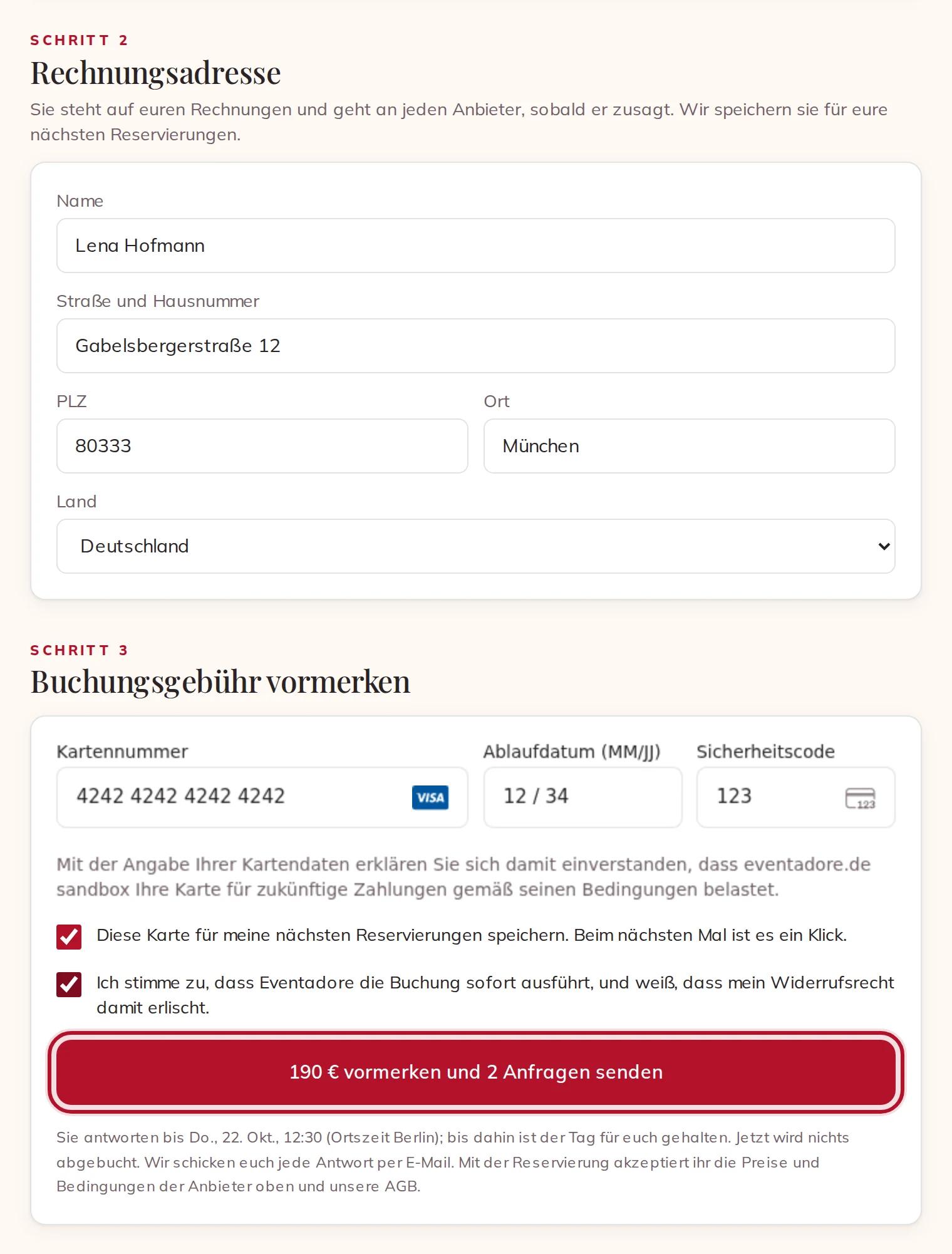 Rechnungsadresse, Karte und das Kästchen, das ihr vor dem Vormerken der Gebühr anhakt