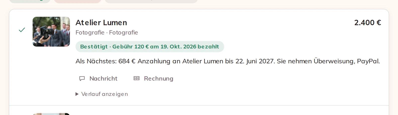 Eine bestätigte Buchung mit der nächsten Zahlung an den Anbieter