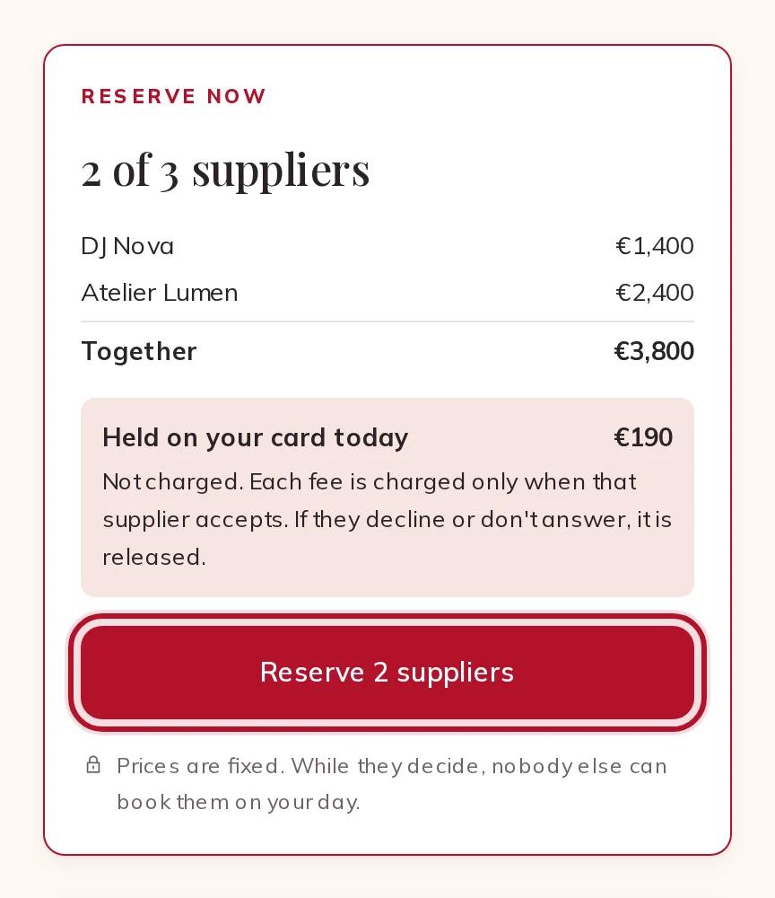 The Reserve now box with the total and the fees held today