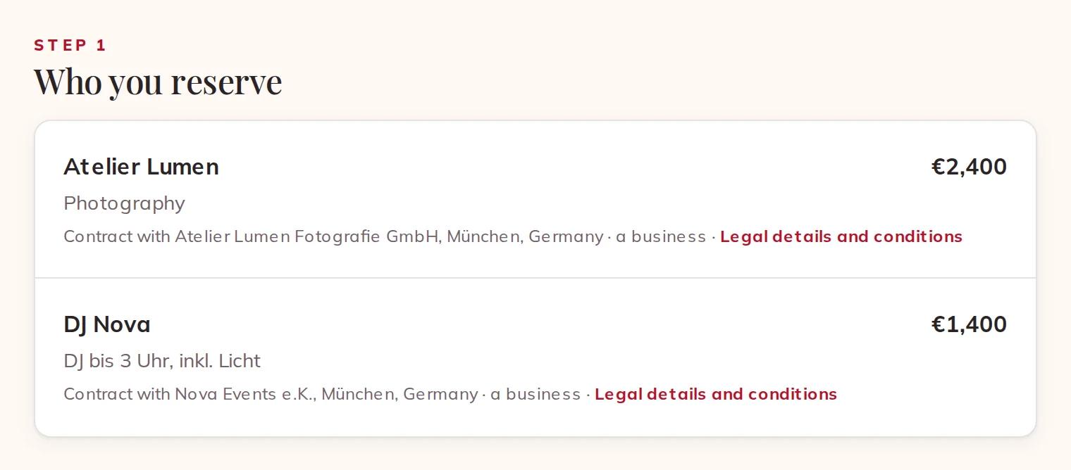Who you reserve: legal name, place, business or private person
