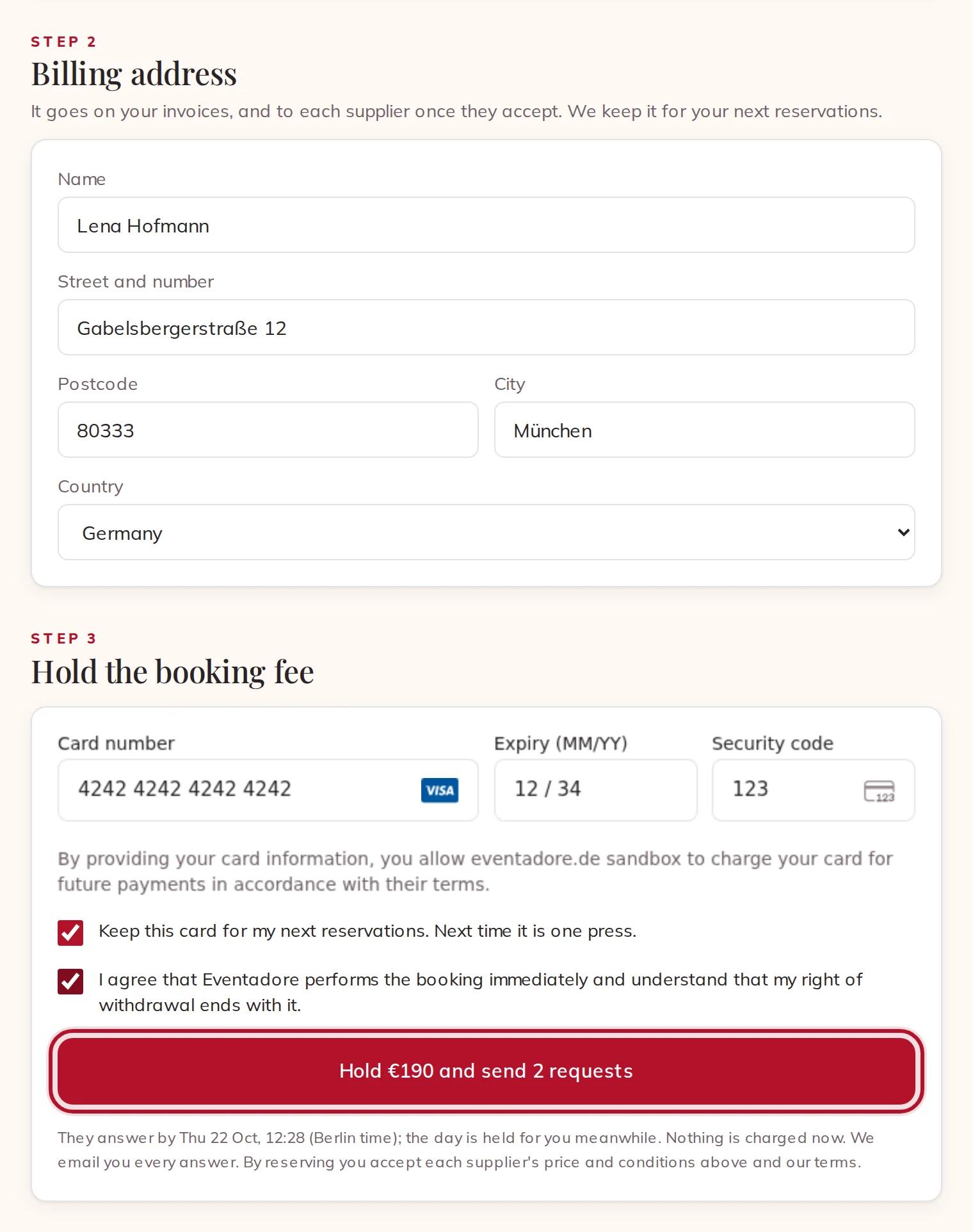 Billing address, card, and the box to tick before holding the fee