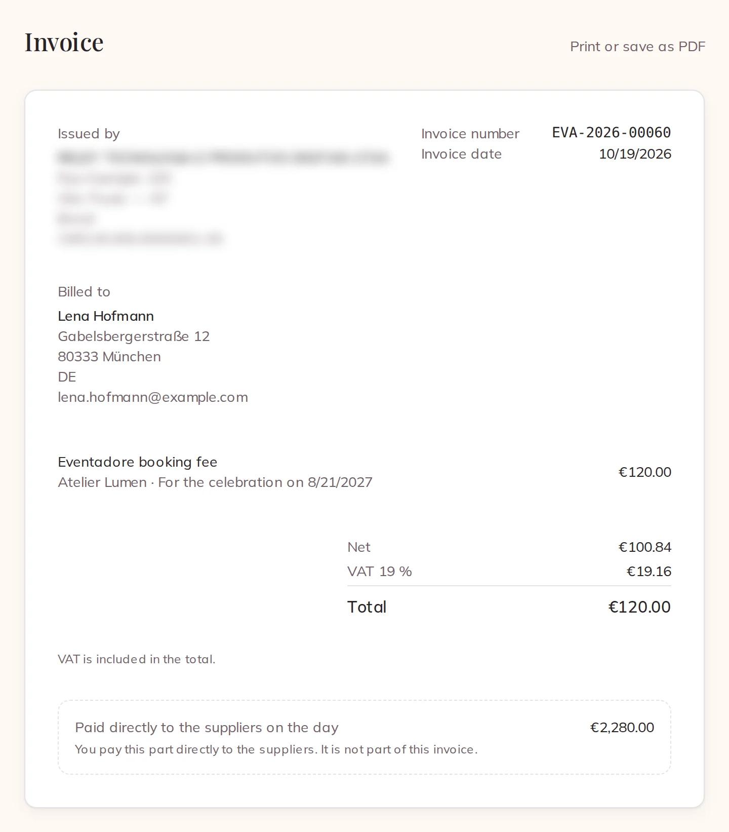 An invoice for the booking fee