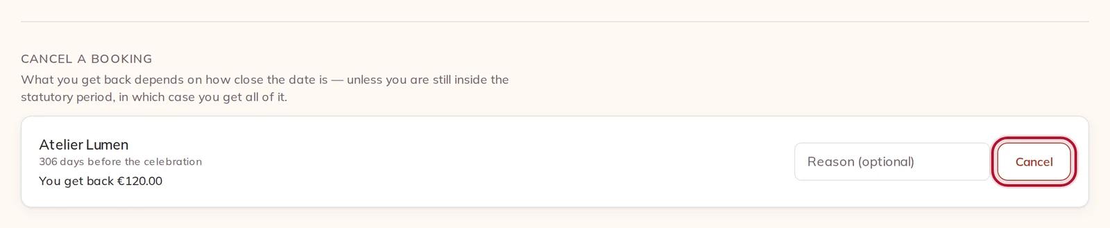 Cancel a booking: what you get back, before you cancel